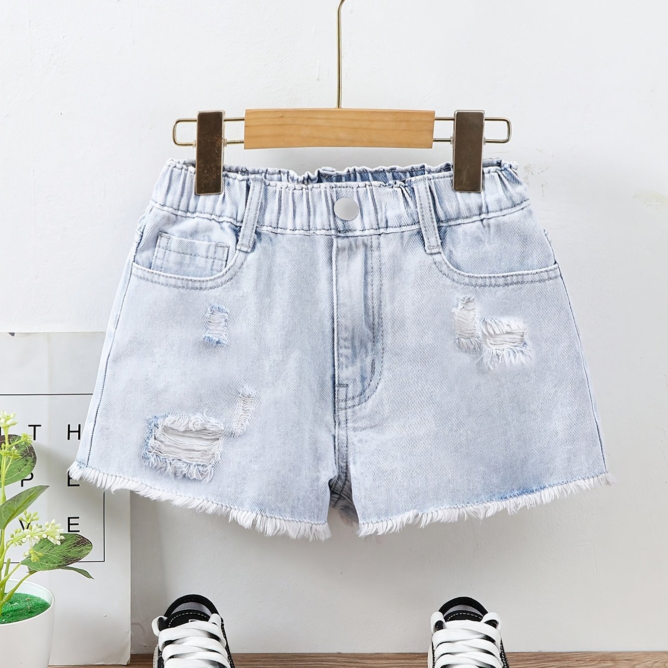 Image of Y2k Ripped Hem Denim Shorts For Girls, Fresh Bohemian Streetwear Casual Pants, Stretchy Elastic Waistband For And , Summer And Spring For Teen Girls, Trendy Vacation And Beach Photo Outfit