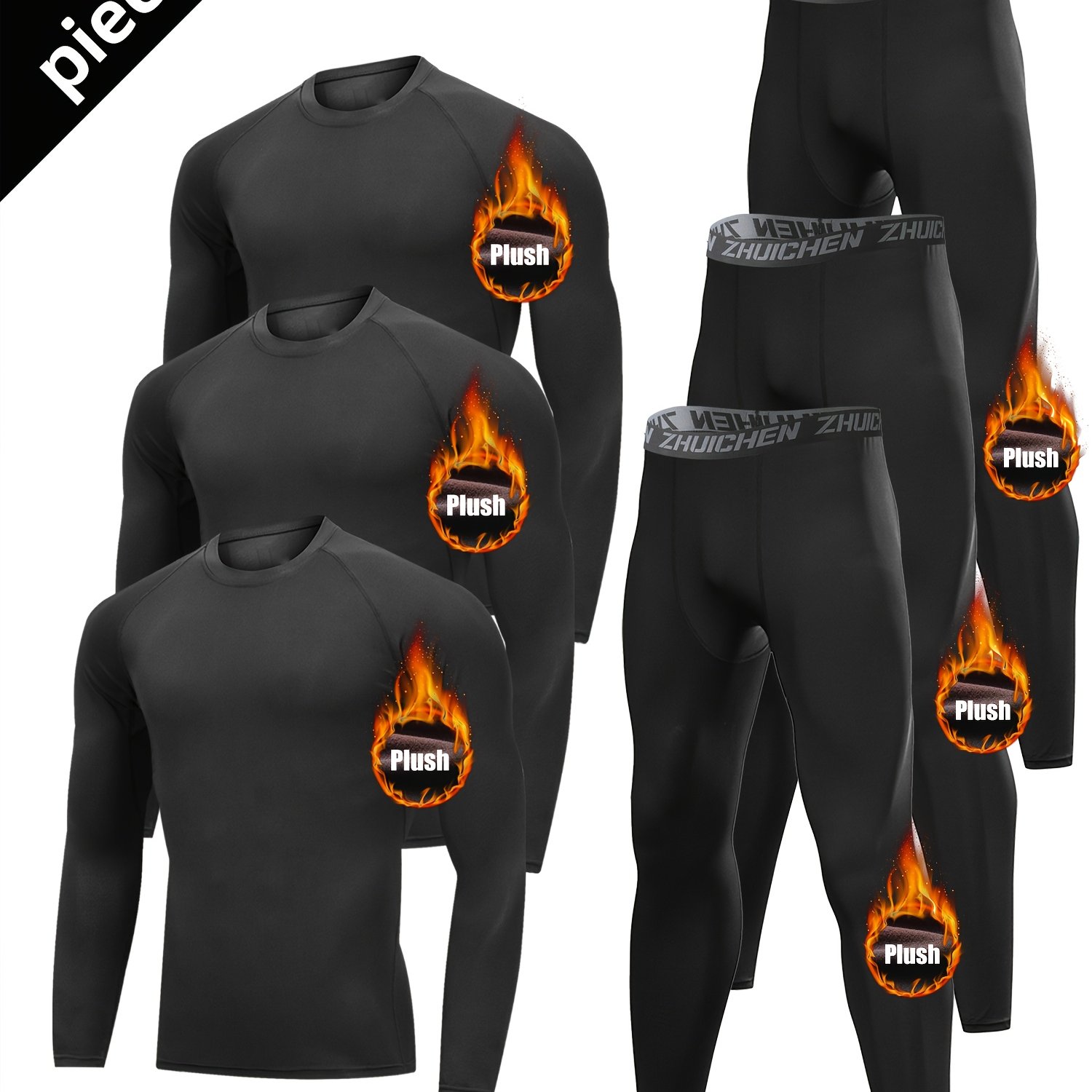 Image of 6pcs Fleece-lined Sportswear Set, Warm Underwear Base Layer For Men's Running And Gym Wear, Autumn-winter Thermal Training Outfit For Morning And Night Runs, Best For Christmas