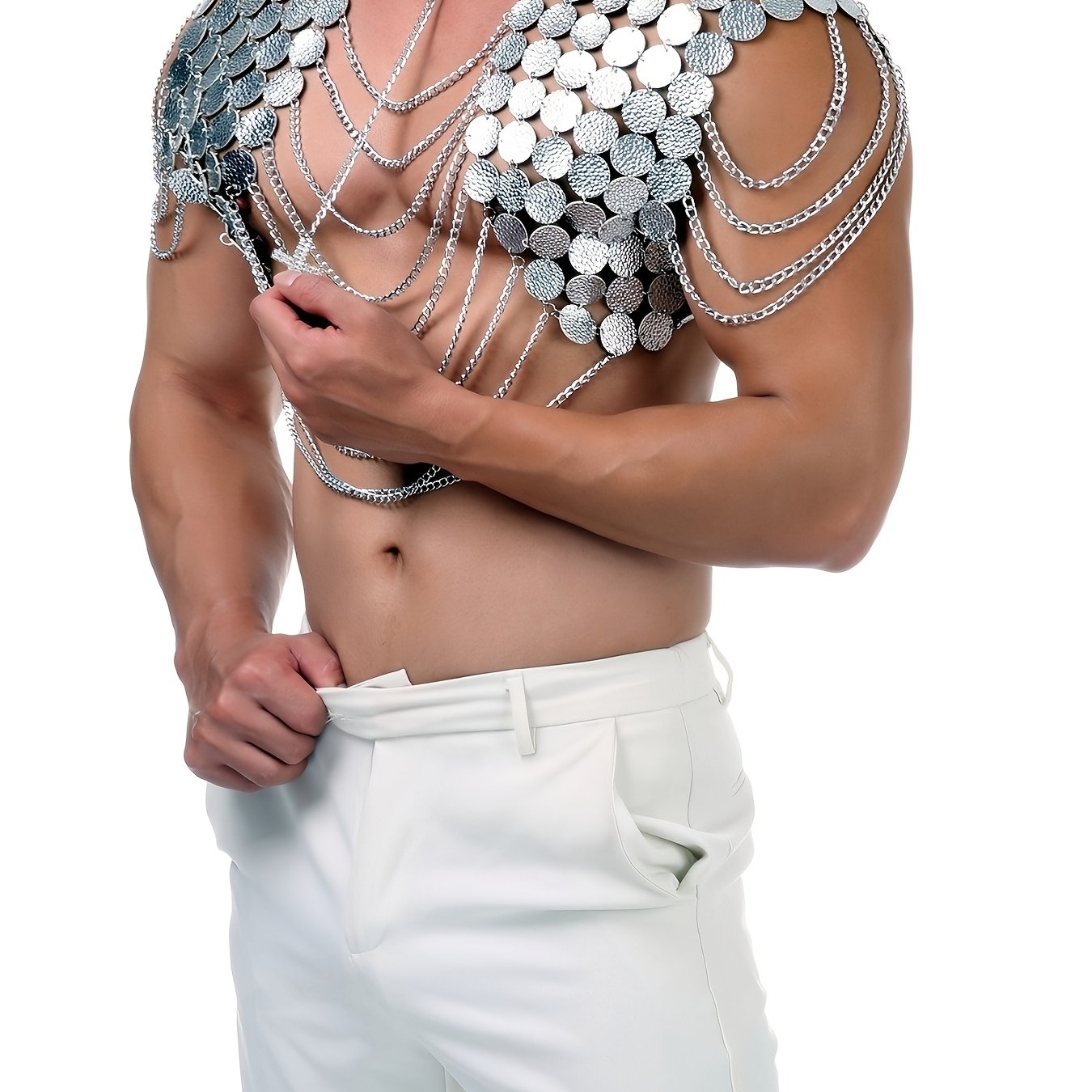 Men's Sexy Shiny Crop Top Vest With Metal Chain Chest Harness And Shoulder Straps