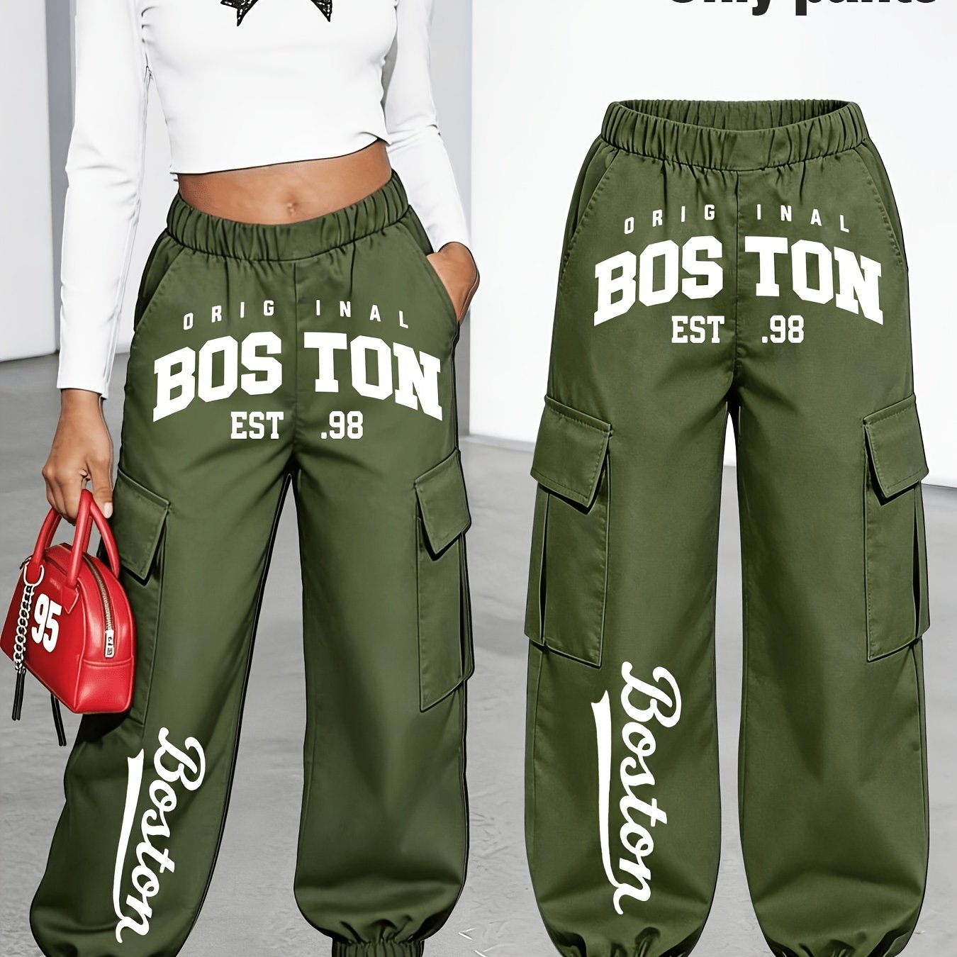 TEMU New Arrival - Women's Cargo Pants Sold Individually, Cute And Fun Patterned Letter Print Work Pants With Multiple Pockets, Featuring Digital
