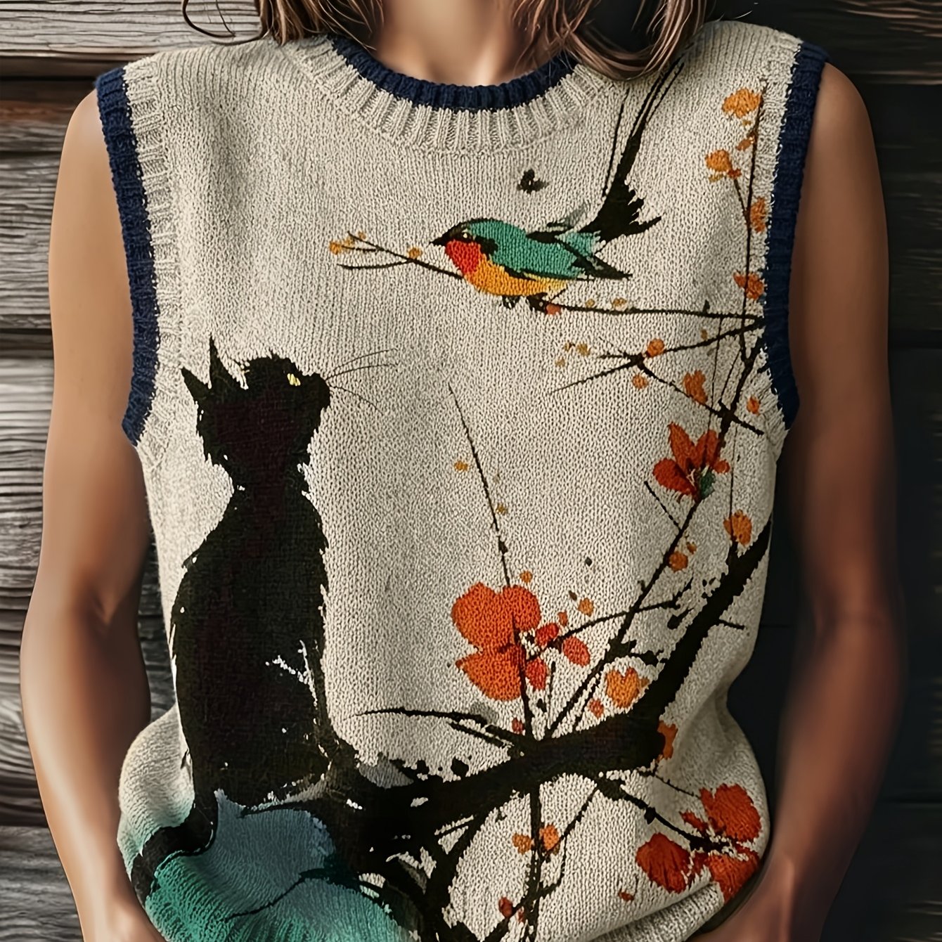 TEMU Spring, Summer, And Winter Four-season Loose Round-neck Sleeveless Fabric Contrast-color Trimmed Khaki Cat Cute Print Autumn-winter Women's Top