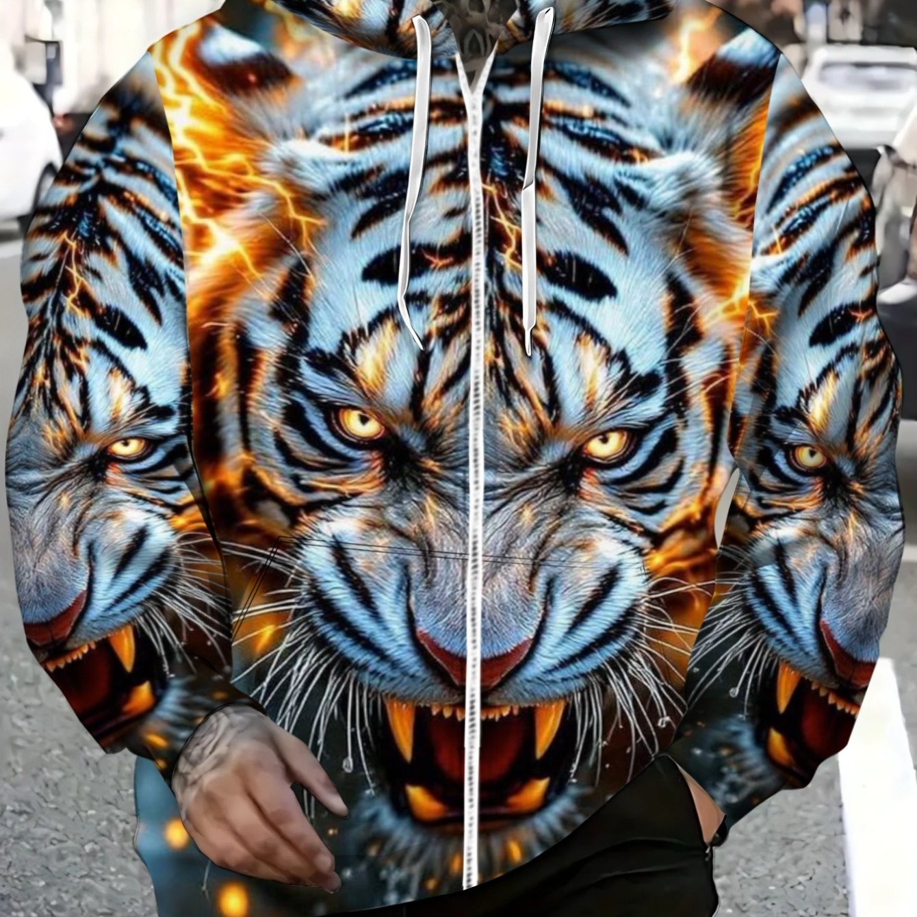 TEMU Printed Design - Non-textured Men's Polyester Flame Tiger Print Hooded Sweatshirt For Streetwear, Vivid Design, Lightweight For Casual Outdoor