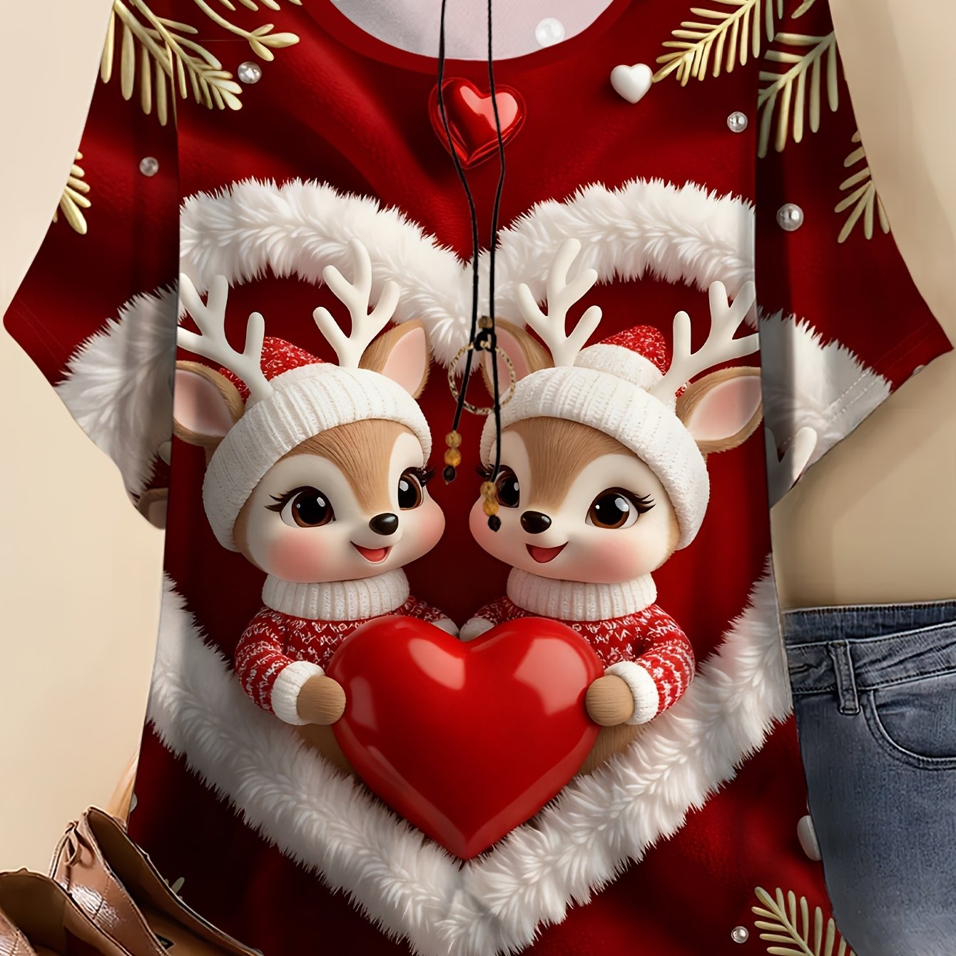TEMU Plus Size - Women's Fashion Cute Reindeer Hugging Heart Printed T-shirt - Casual Round Neck Short Sleeve Top