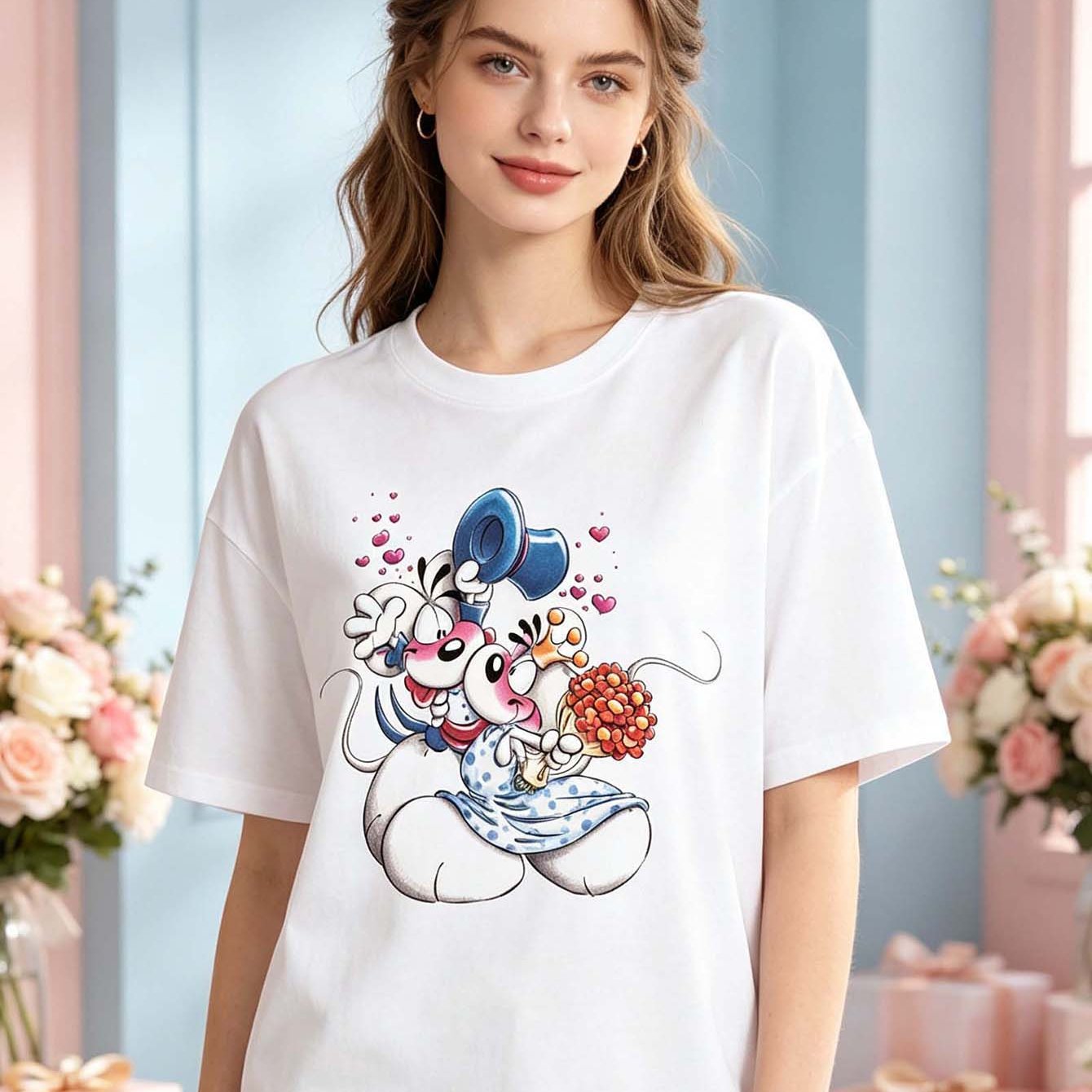 Cute Cartoon Mouse Couple With Flowers And Hearts Women Loose T Shirt Casual Short Sleeve White Round Neck Daily Wear Tee Festival Gift