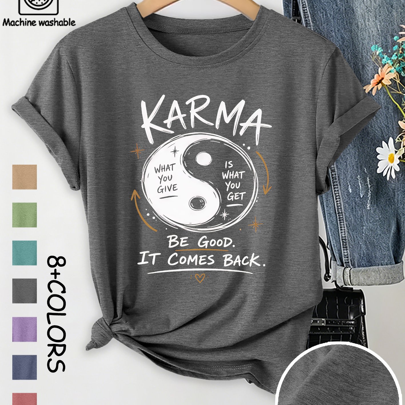 TEMU Women's Elegant Style Short Sleeve Gift, Yin Yang Tai Chi Text Print Pattern Retro Round Neck T-shirt Loose Top, Summer Autumn 2026 Holiday