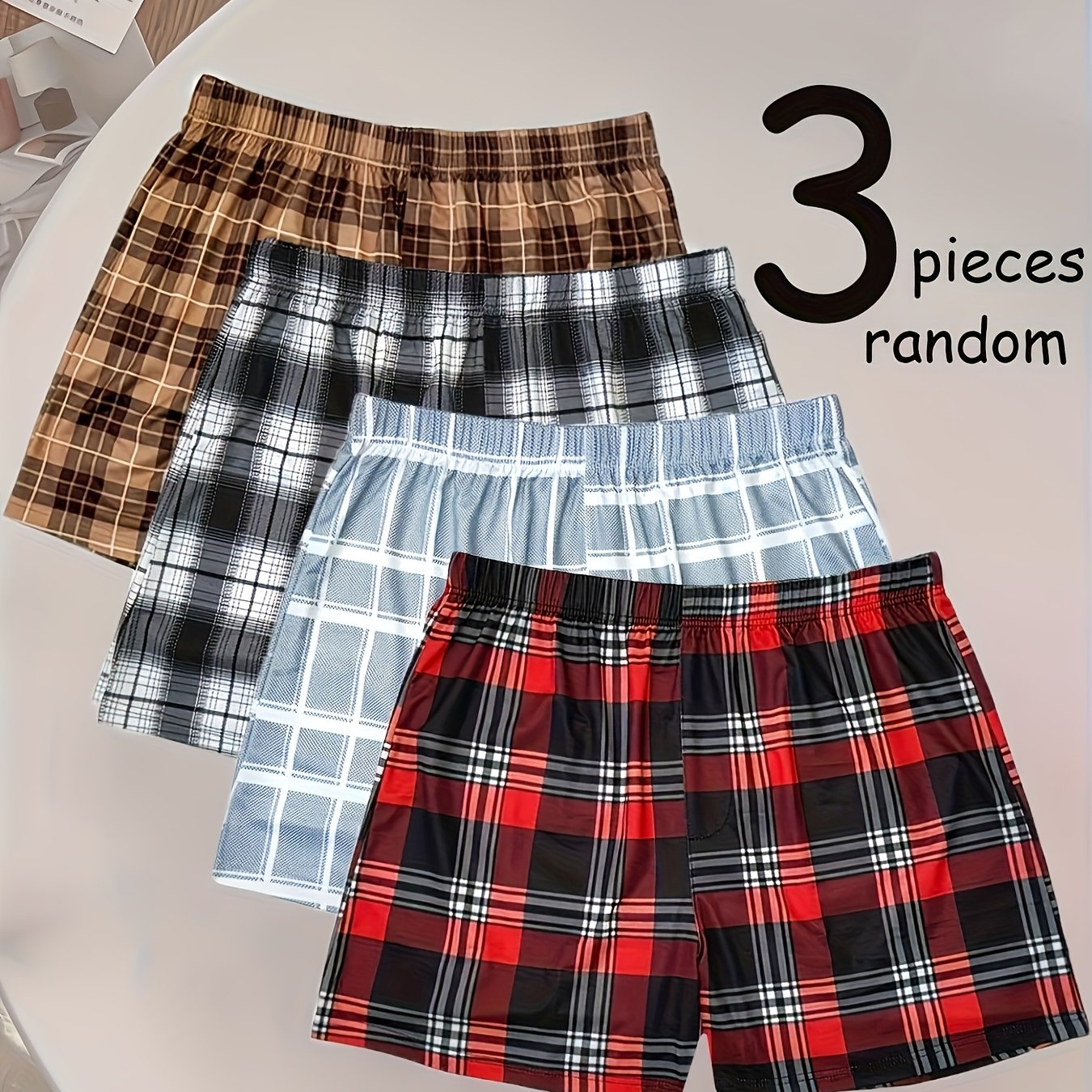 TEMU Brovanic 3-piece Random Pc Men's Plaid Boxer Briefs, Comfortable, Breathable, Loose Fit, Stylish For Family Casual Wear