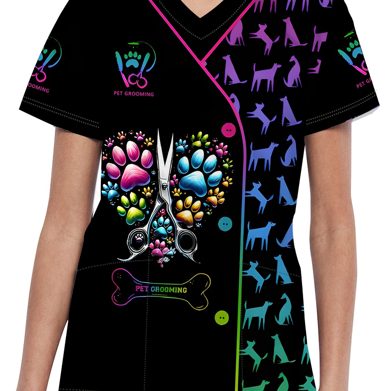 TEMU Women's Pet Groomer T-shirt - V-neck Short Sleeve Dog & Care Uniform With Paw Print & Grooming Graphics, Machine Washable Full-body Print For