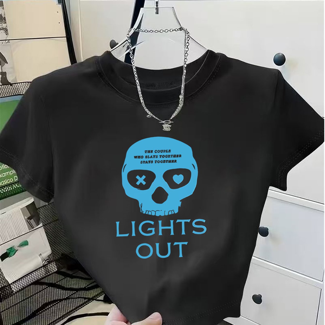 TEMU 1pc Women's Y2k Style Couple Skull Print "lights Out" 2d Graphic Short Sleeve Crop T-shirt