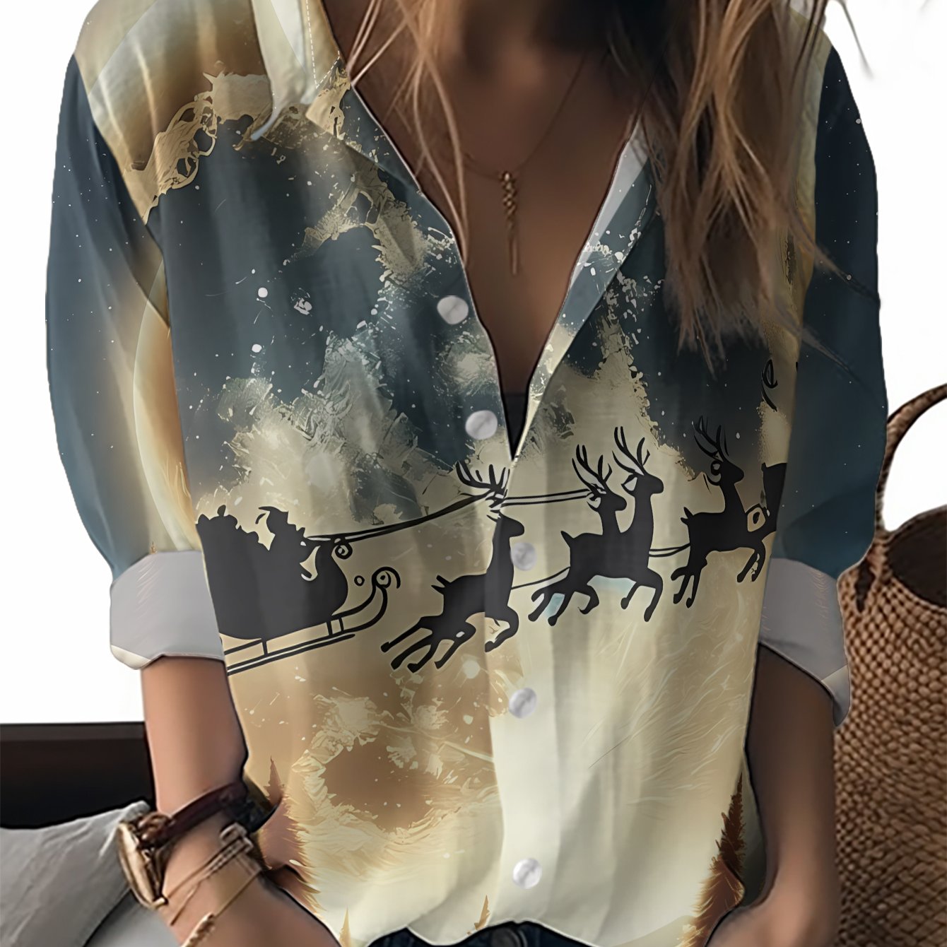 TEMU Christmas-themed Shirt Featuring Reindeer Sleighs, Pine Forests, And Stars With The