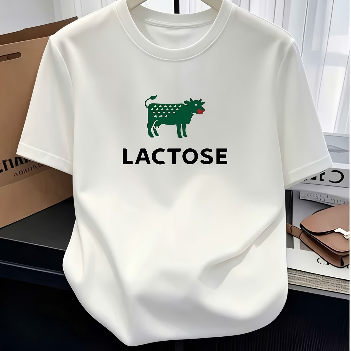 TEMU Men's T-shirt Cartoon Green Cow Letter Print Short-sleeve T-shirt, Unisex White Crew Neck Casual Top, Text Cow Graphic Tee, Everyday Versatile