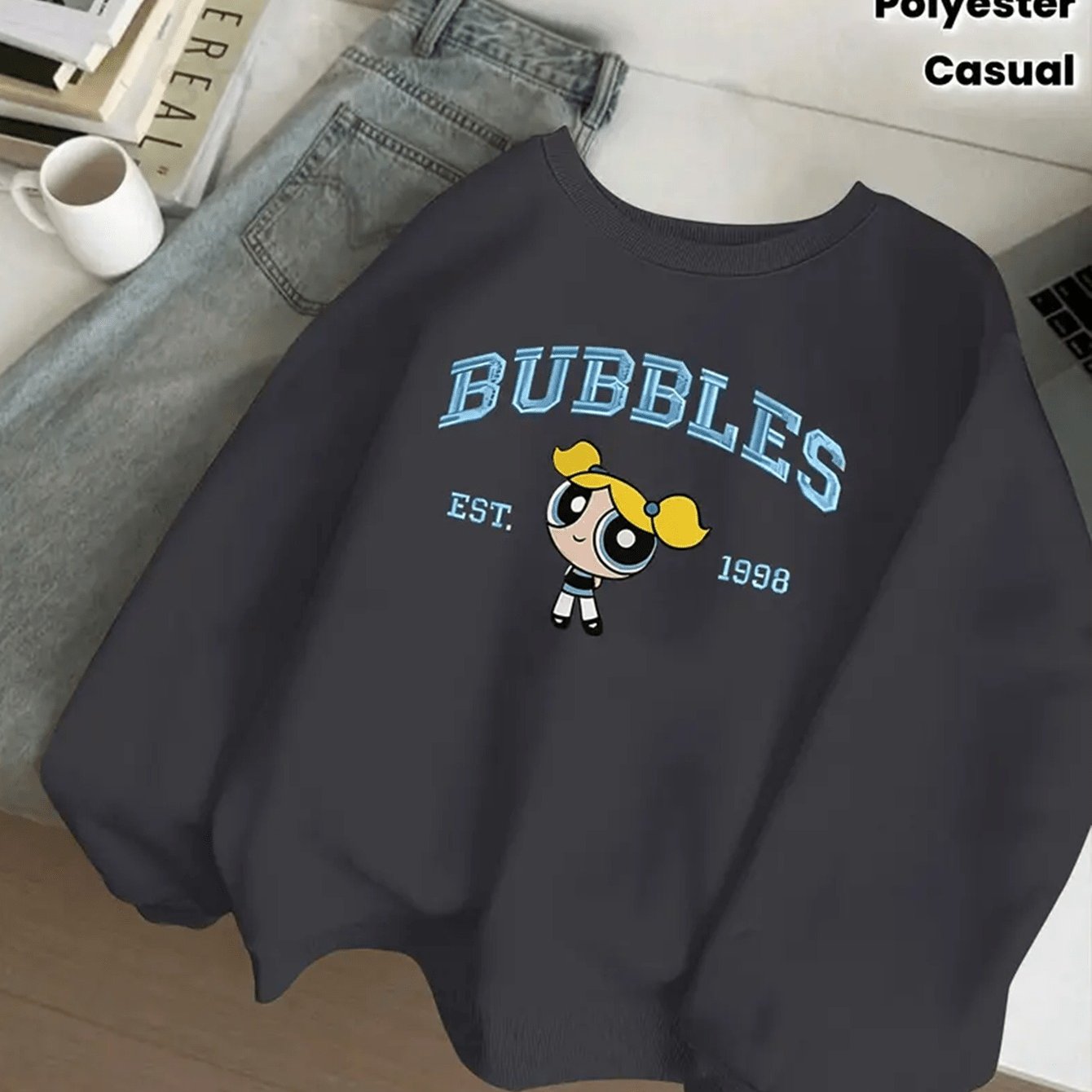 TEMU Wb, Powerpuff Bubble Pattern Print Oversized Pullover Sweatshirt, Fall/ Winter Women's Casual Oversized Crewneck Sweatshirt, Machine Washable, ,