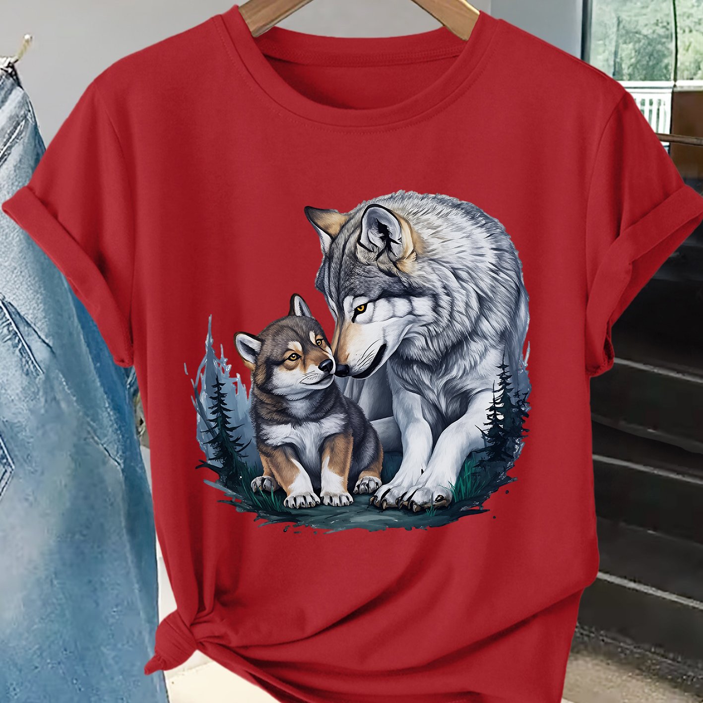 TEMU Women's Short Sleeve T-shirt, Wolf And Cub Print Round Neck Machine Washable Skin-friendly Soft Breathable Suitable For Spring Summer Fall,