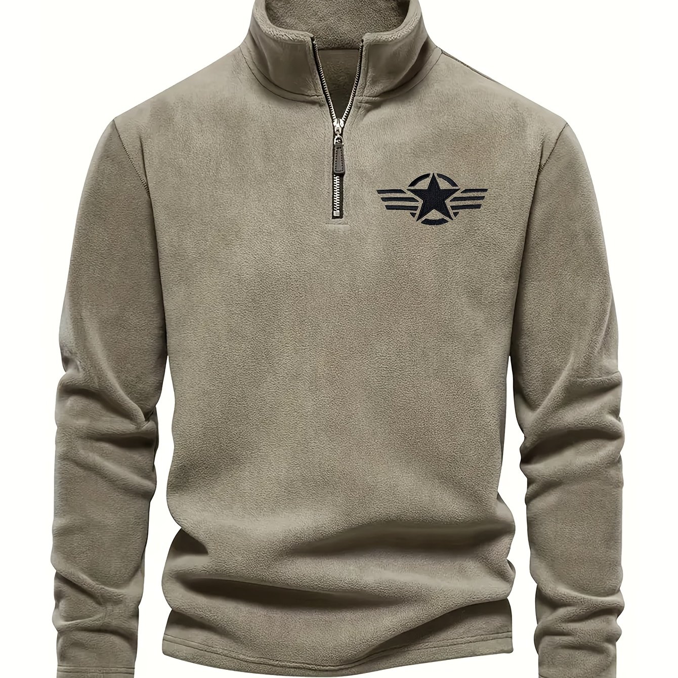 E-shop Herren Vintage Bestickter Fleece-Halb-Reißverschluss-Stehkragen-Sweatshirt - Warmer Winterpullover mit Stern- und Flügeldesign, Langarm,