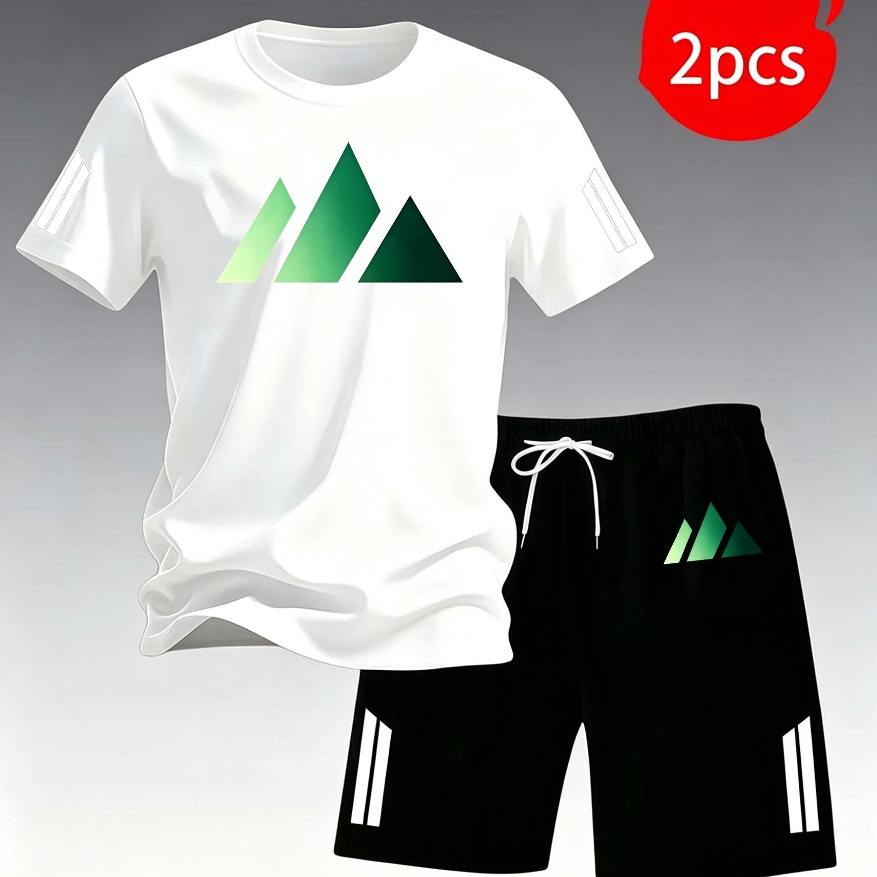 TEMU Easy Pattern Decor Men's 2pcs Set, T-shirt And Black Bermuda Shorts For Casual Wear