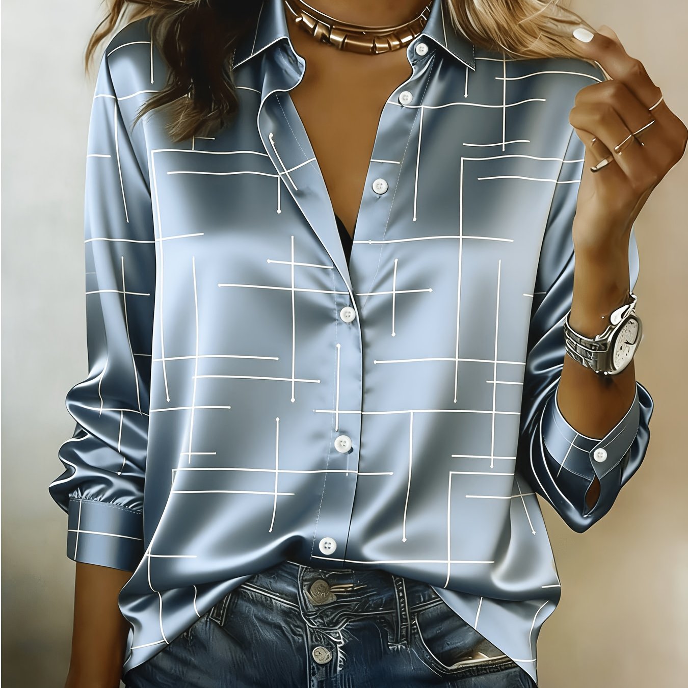 TEMU Light Luxury Women's Blue Geometric Line Satin Long-sleeve Professional Shirt