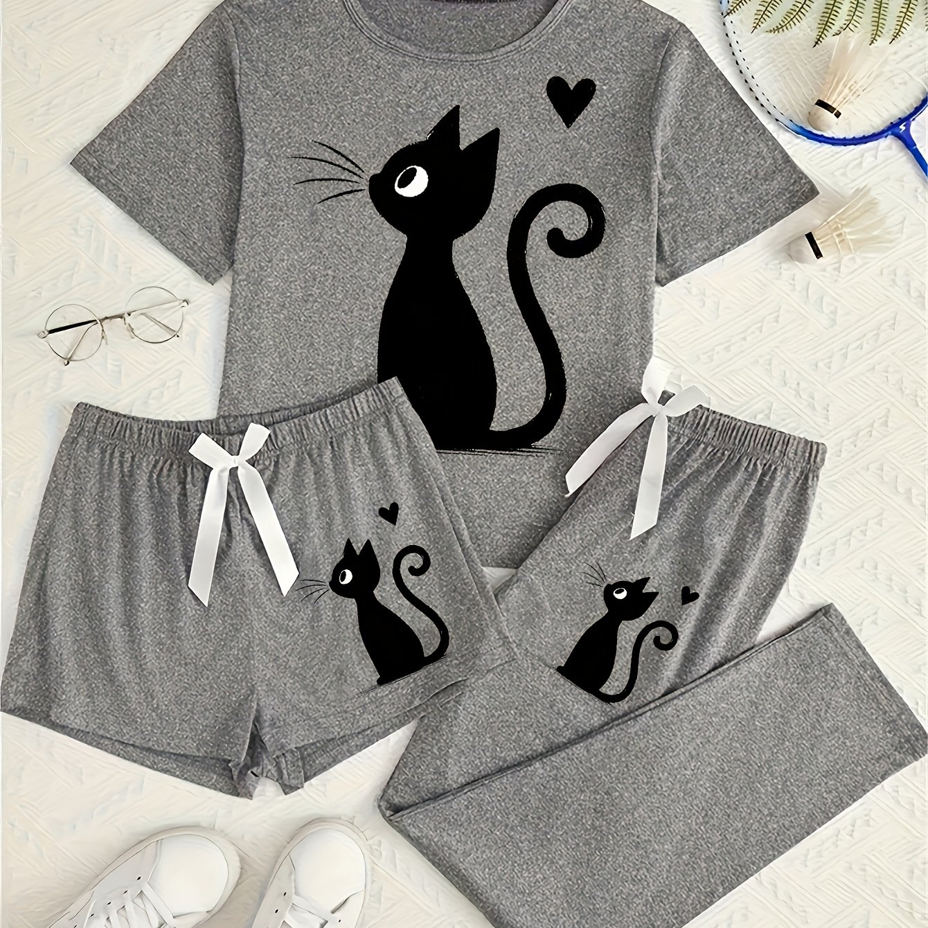 TEMU Women's Casual Pajama Print Short Sleeve Shorts Long Pants 3pcs Set