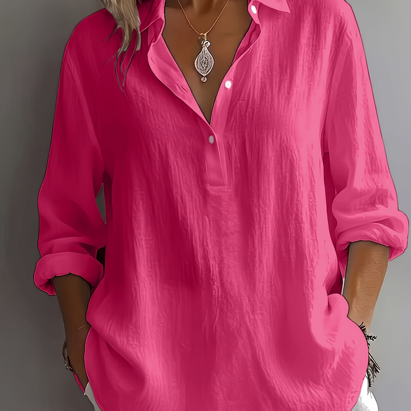 TEMU Plus Size - , New Stunning Elegant Directional Semi-open Collar Long Sleeve Loose All-match Women's Plus Size Shirt