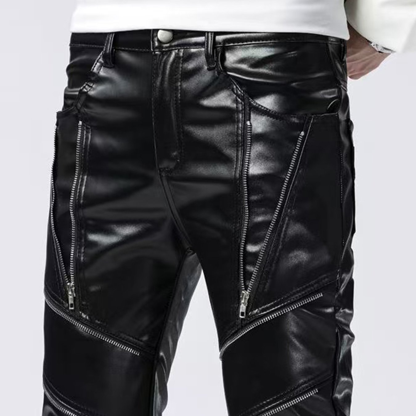 Men's Biker Pants Slim Fit Stylish Youth Trendy Stage Performance Nightclub Motorcycle Skinny Zipper Pants
