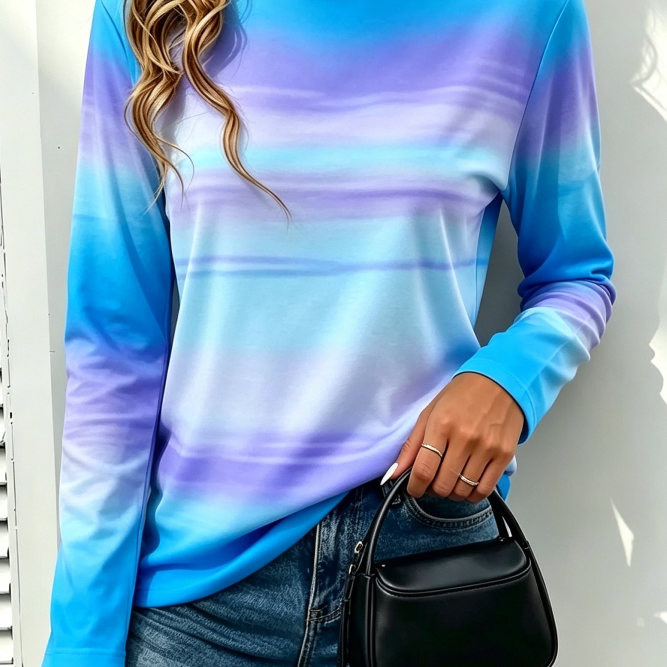 TEMU Women's Long-sleeve T-shirt, Blue-purple-white Horizontal Gradient Tie-dye Striped Smudge Print, Loose Fit Casual Spring/autumn Base Layer Top