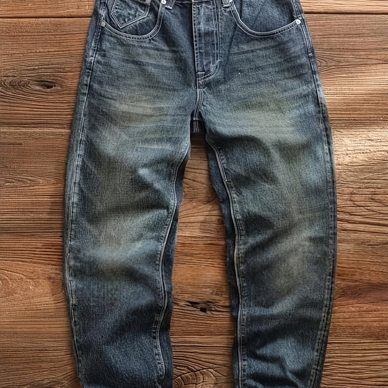 TEMU Men's Vintage Mid-rise Straight/look Tapered Jeans Pants - Non-stretch Denim, Machine Washable, Beltless Zipper Closure, Casual & Business Wear,