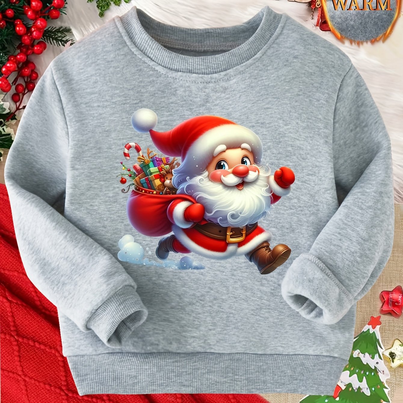 TEMU Christmas Wy0116 Boys Santa Claus Gift Versatile Autumn Winter Fleece Thick Sweatshirt