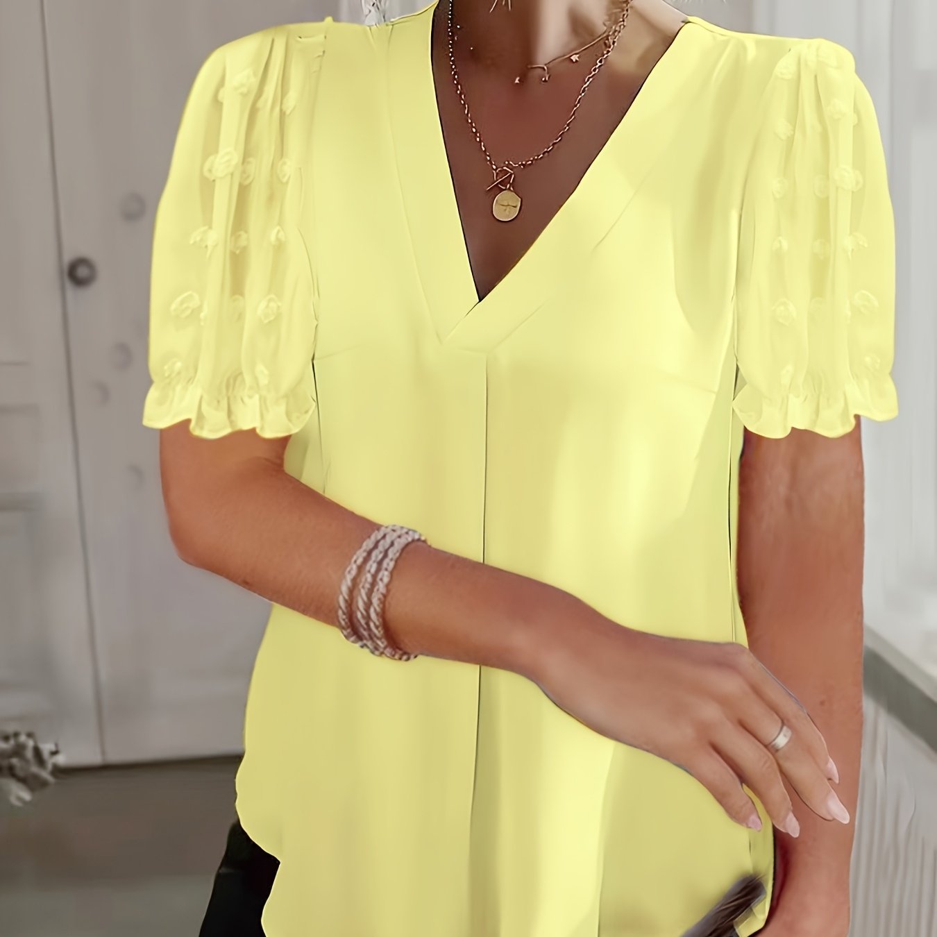 E-shop Plus Size, Schweizer Punkt Mesh-Einsatz V-Ausschnitt Shirt, Elegante Kurzarmbluse, Ideal für Frühling Sommer, Damenbekleidung