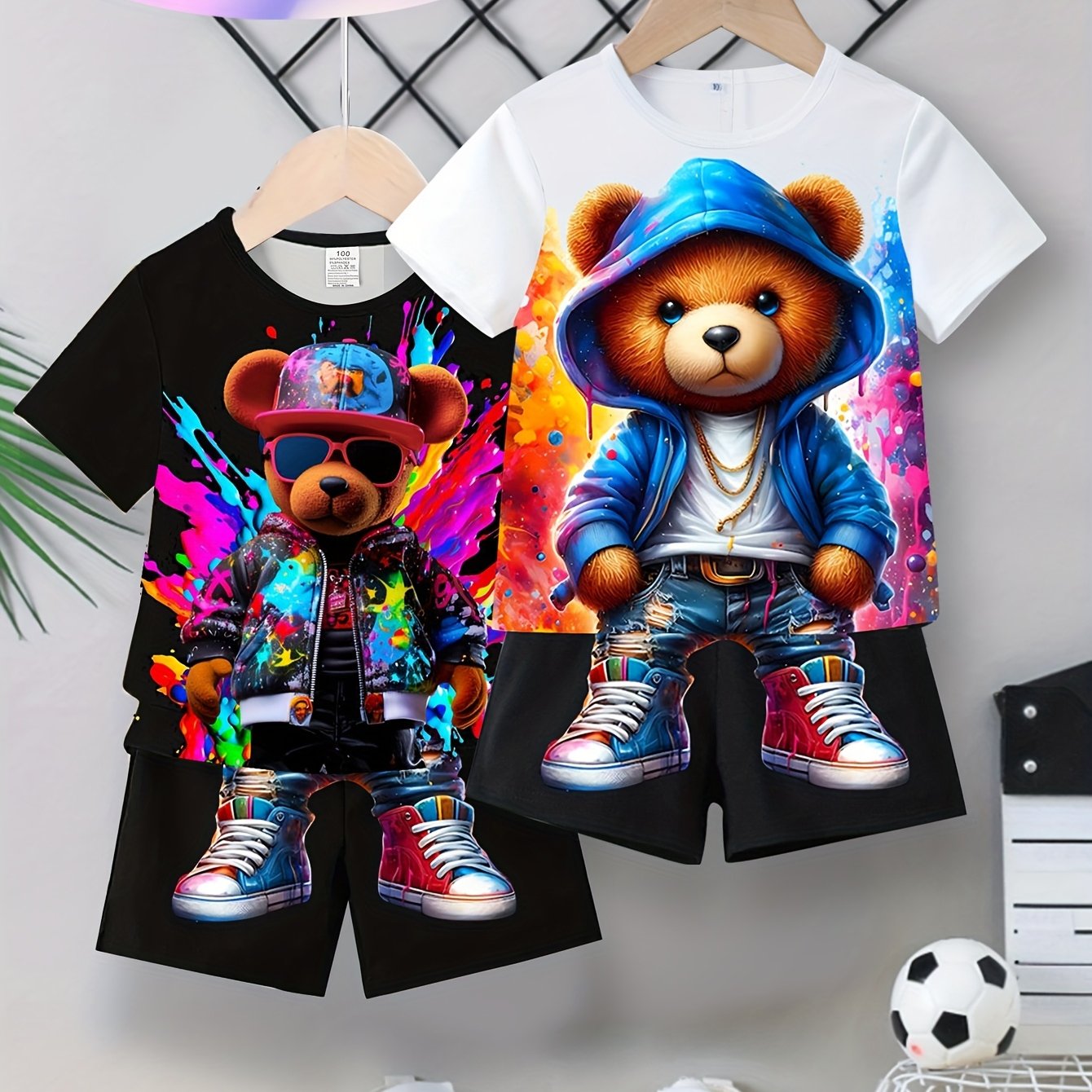 Random 1 Set From 2pcs. Boys' Outfits, 3d Bear Print Pattern, Outdoor Casual Set, , Suitable As A Gift For Children, For Outdoor