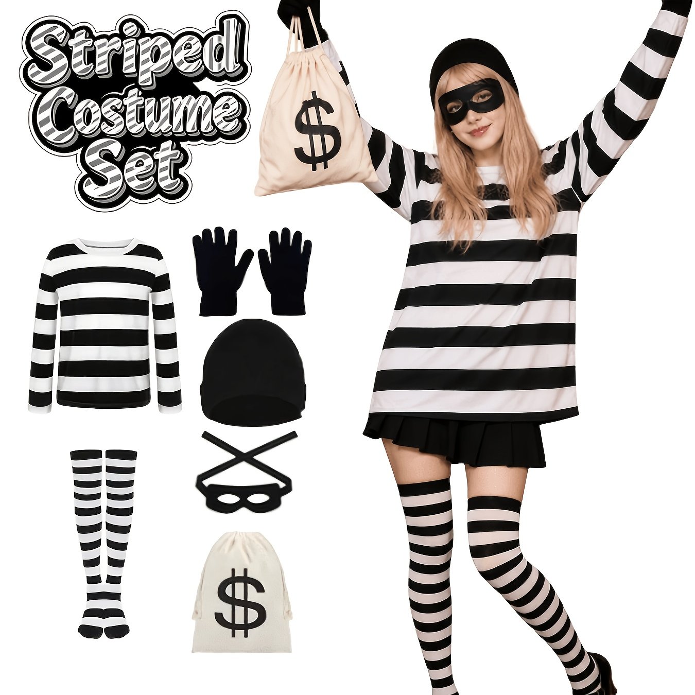 TEMU Robber Costume Black And White Striped Shirt Beanie Eye Mask Gloves Socks For Women Halloween Burglar Cosplay Party Adult Outfit