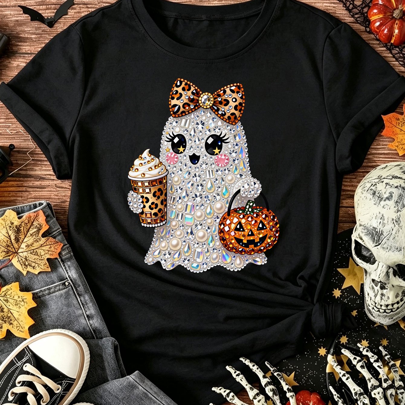 TEMU Women's T-shirt Round Neck Short Sleeve Halloween Graphic Tee Cute Leopard Print Bow Pumpkin Coffee Cup Casual Summer Streetwear Graphic Top