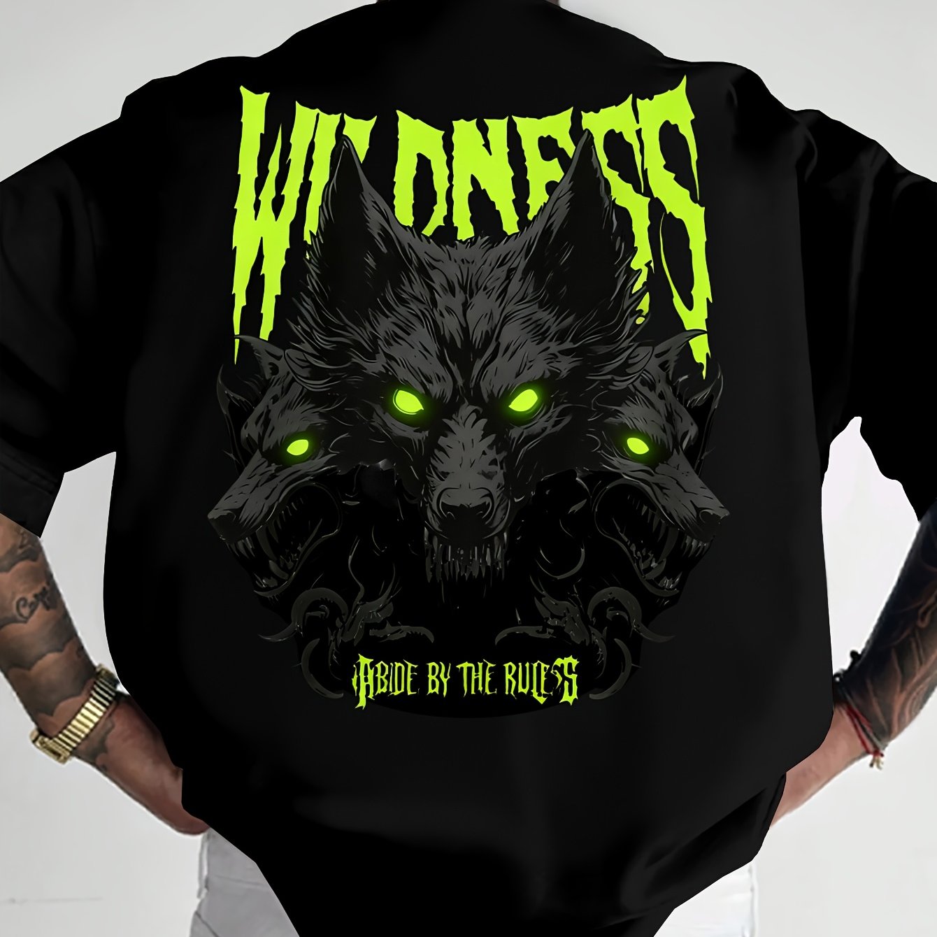 TEMU [printed Design - Not Textured] 2026 New -catching Dark Wild Fluorescent -shirt, Featuring -headed Wolf Design, Essential For Fashion
