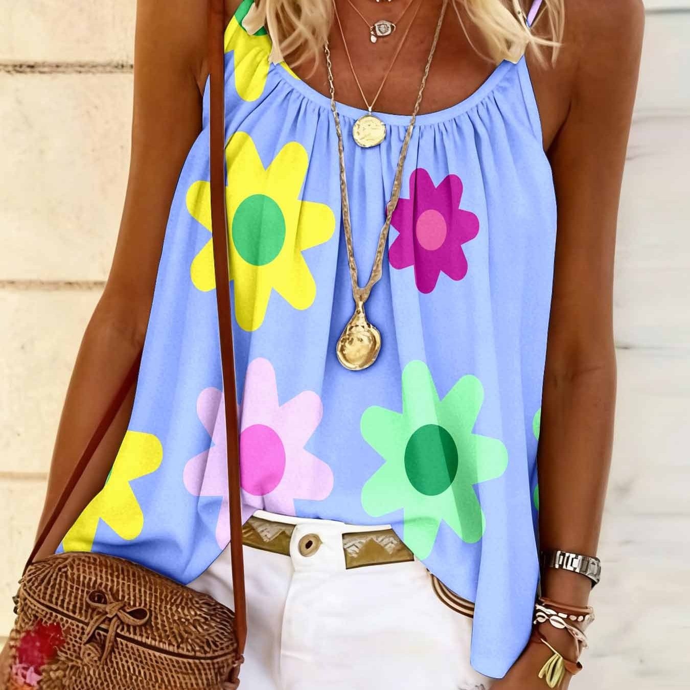 TEMU Ladies' Printed Camisole Vest, Casual Loose Sleeveless Top Suitable For Beach Strolls, Summer Fashion Women's Clothing