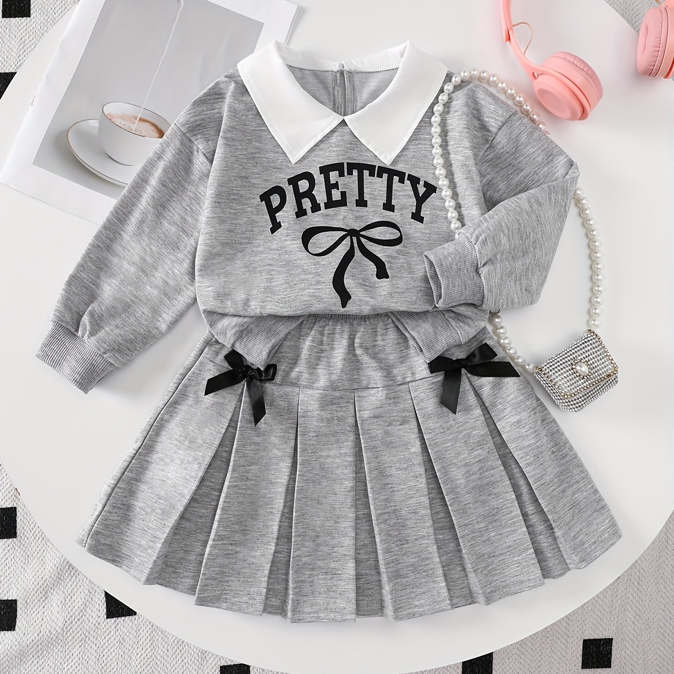 Image of Girls Outfit Set Long Sleeve Peter Pan Collar Sweatshirt Pleated Skirt Set Bow Detail Casual School Outfit