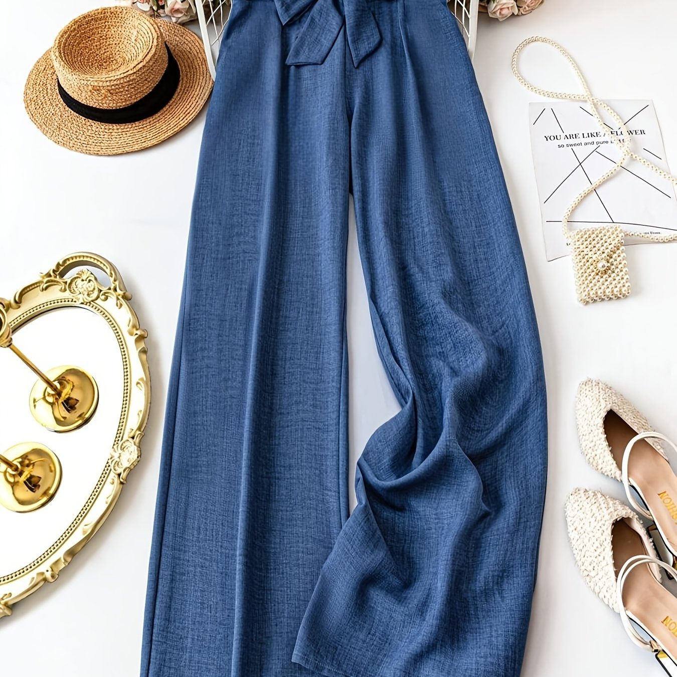 E-shop Damen Elegante High-Waist Weite Hose mit Schleifendetail – Elastischer Bund, Gerade Passform – Ideal für Casual, Büro & Formelle Anlässe –