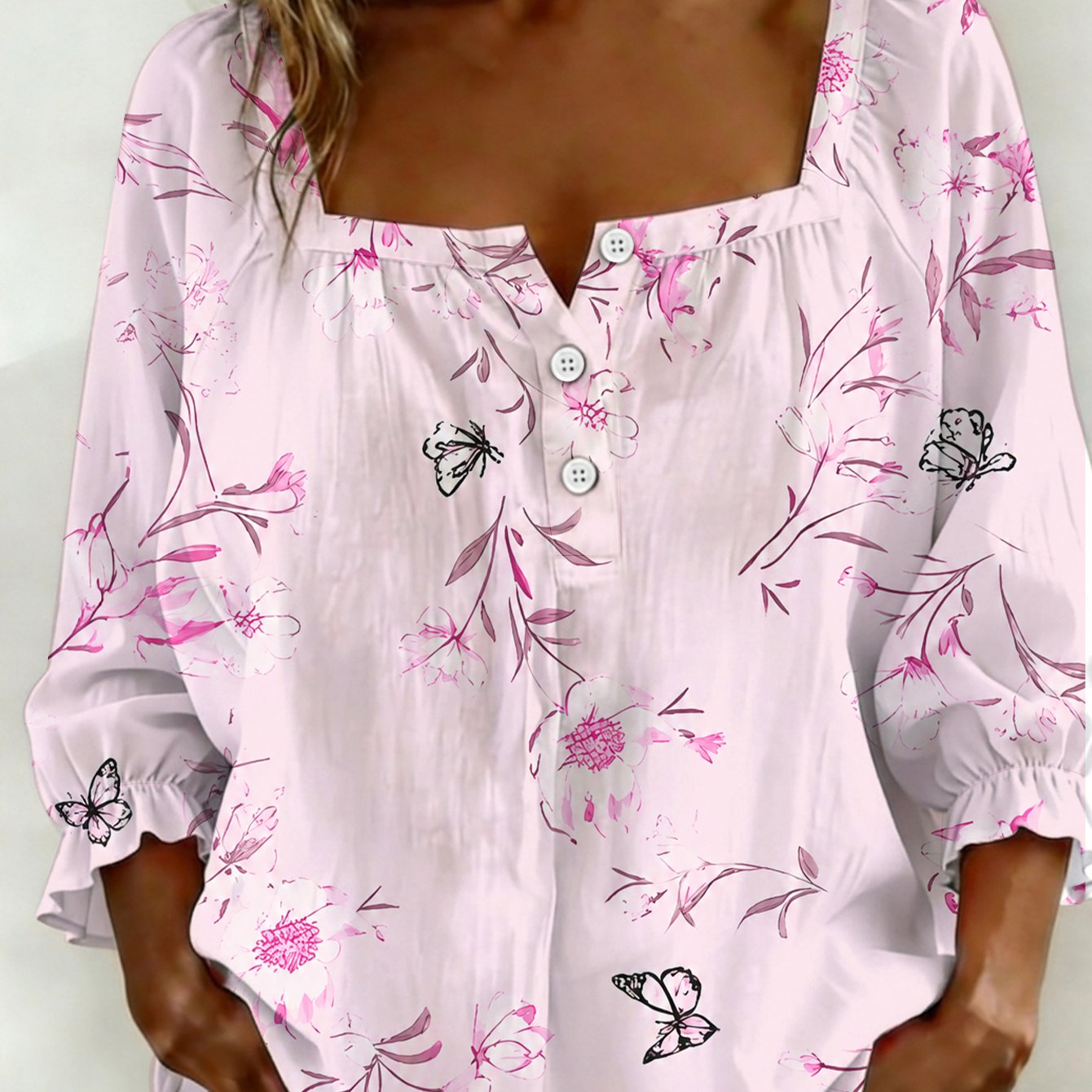 Image of Plus Size, New Arrival Plus Size Square Neck Blouse Square Neck Half Button And Mid Sleeve Light Pink Base Pink Flower And Daily Casual Wear