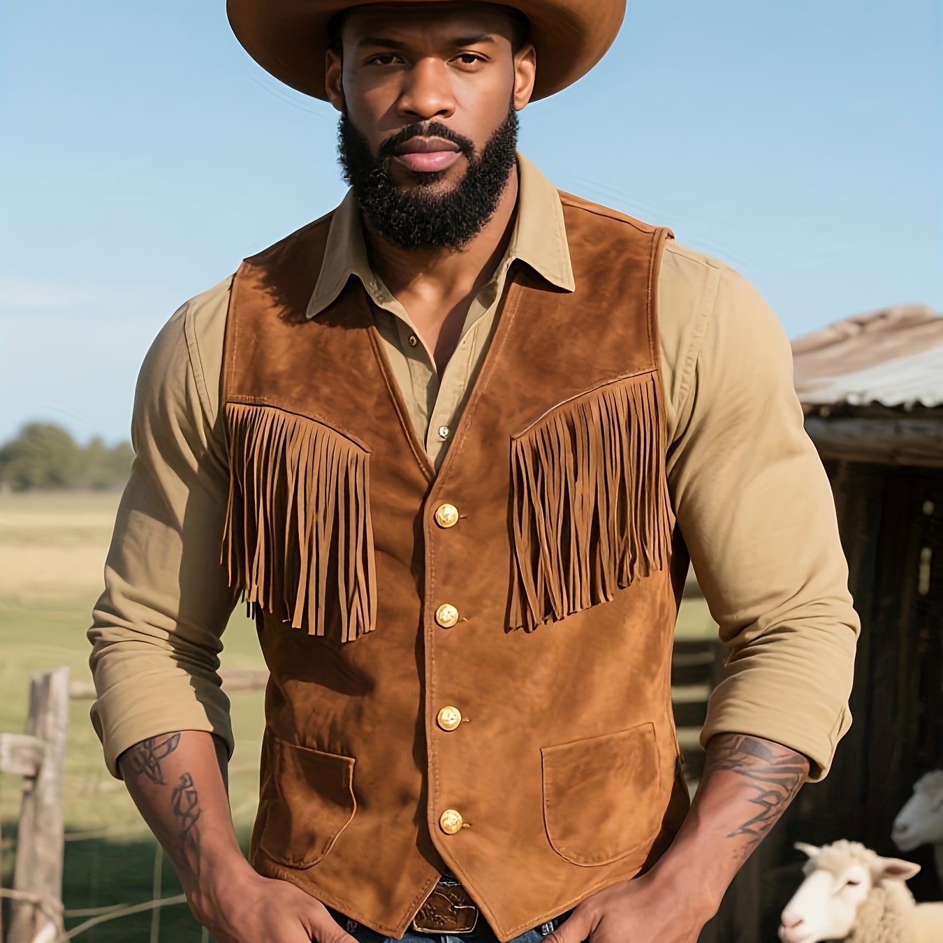 Image of Men's Vintage Fringed Western Faux Vest Jacket | , Cardigan Collar, Solid Color, Short Length, No Lining.
