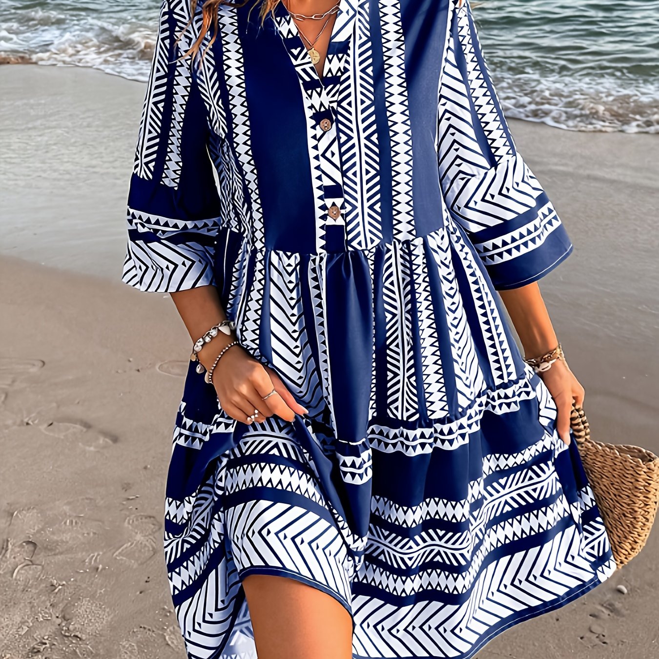 V-neck Button-up Short-sleeve Floral Holiday Dress