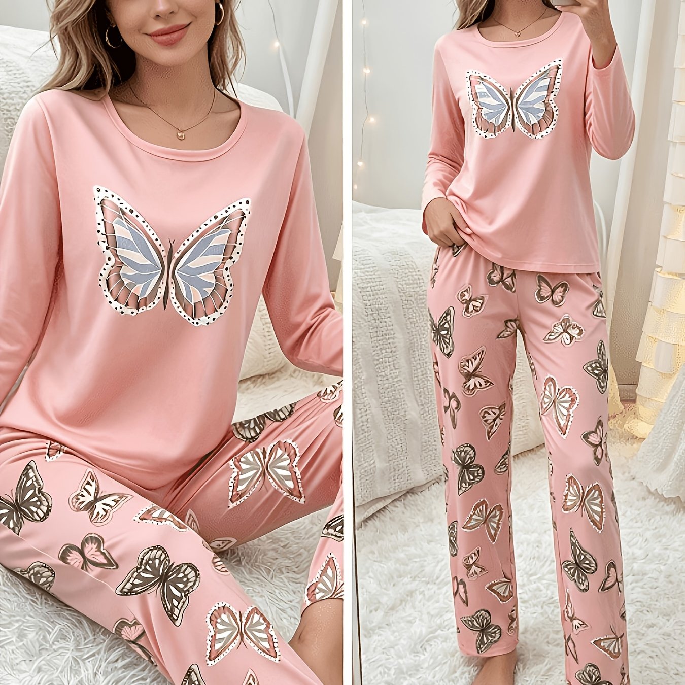 TEMU 2pcs Women's Long Sleeve Long Pants Pajama Set, Print Design Comfortable Loungewear For Autumn And Winter