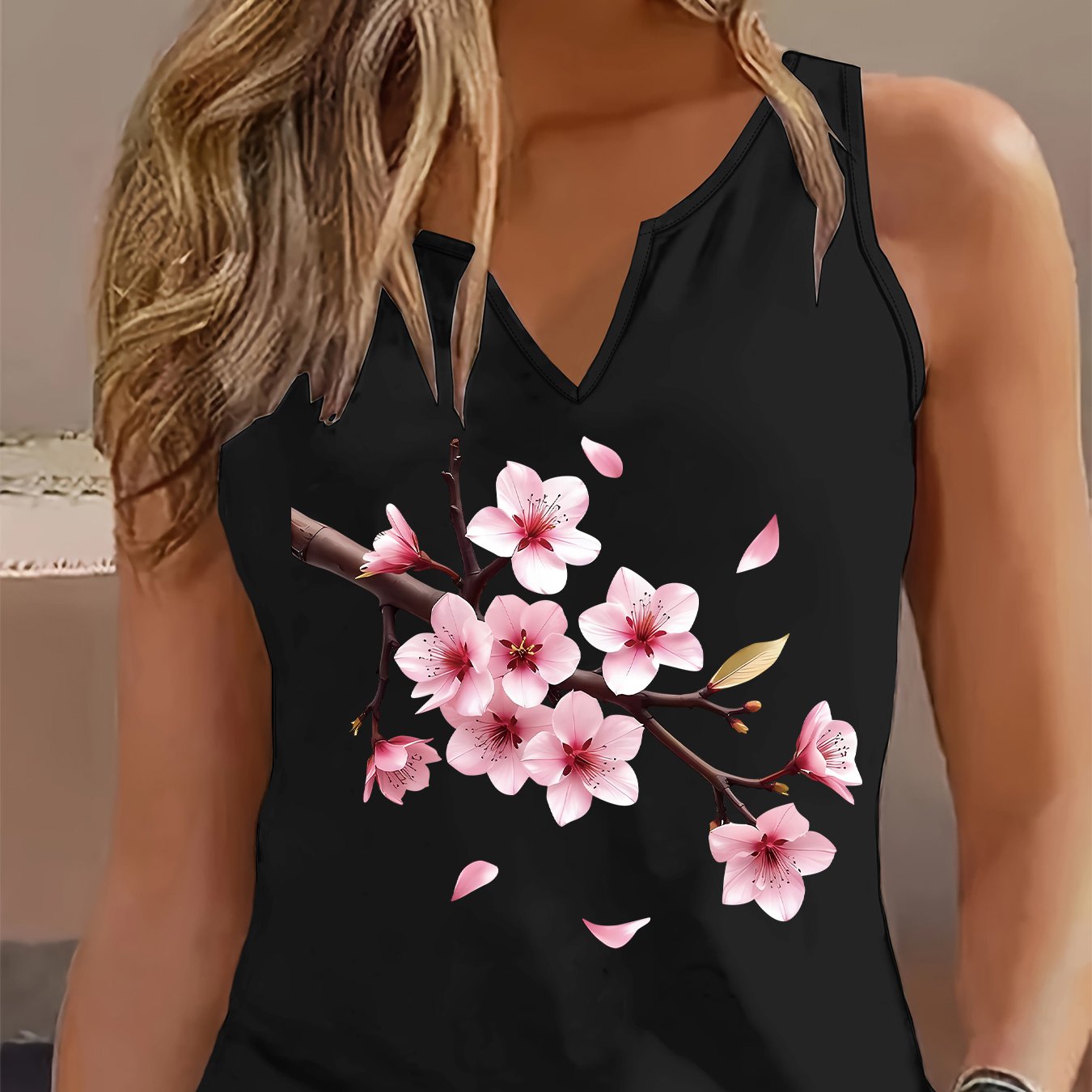 TEMU Fashionable Women's Sleeveless Tank Top With A V-neck And Cherry Print, And Breathable Versatile Top