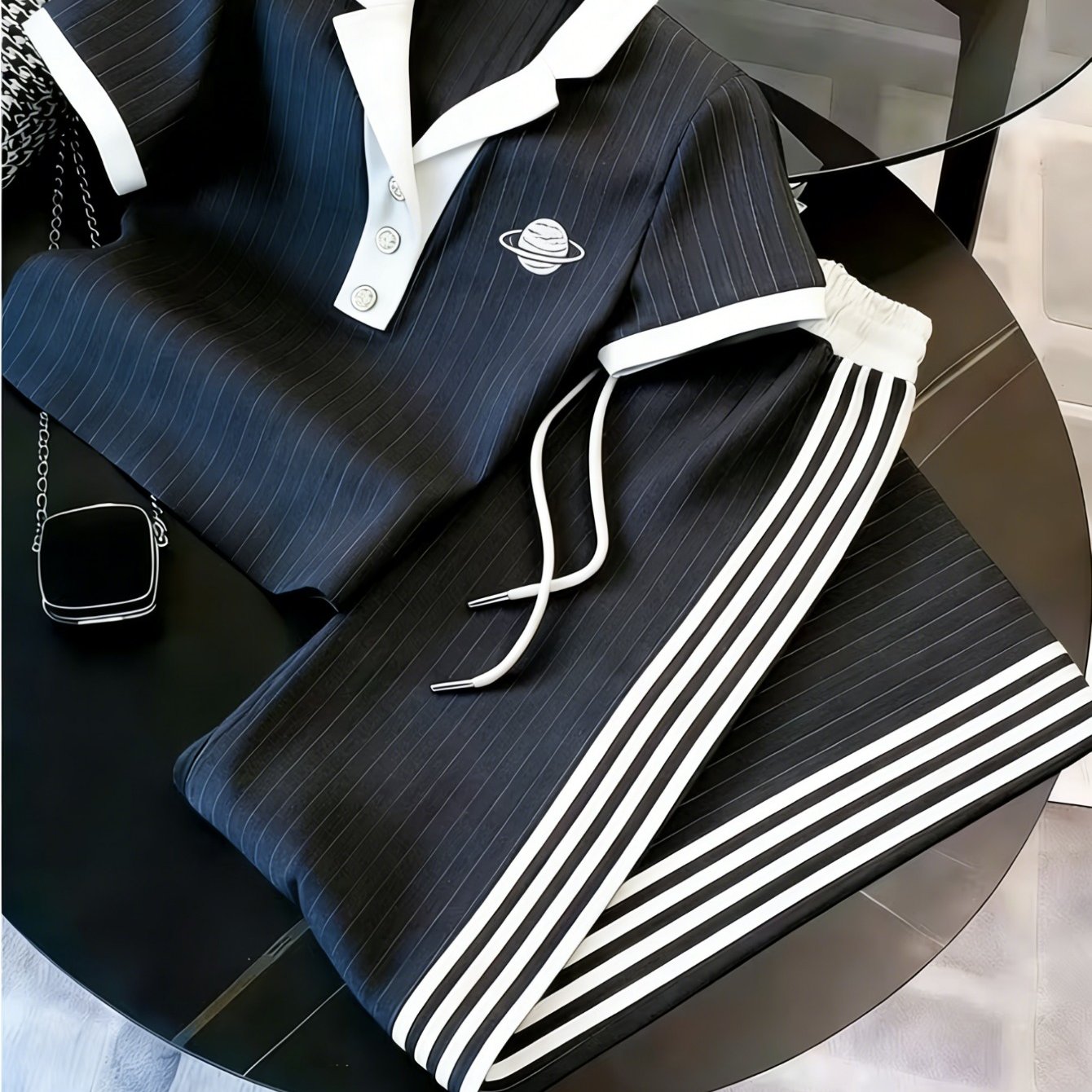2026 New Release Black And White Contrast Color Turn Collar Stripe 2pcs Set Planet Embroidery Casual Sporty Tracksuit Polyester Material Ideal For Daily Use Commuting And Vacations