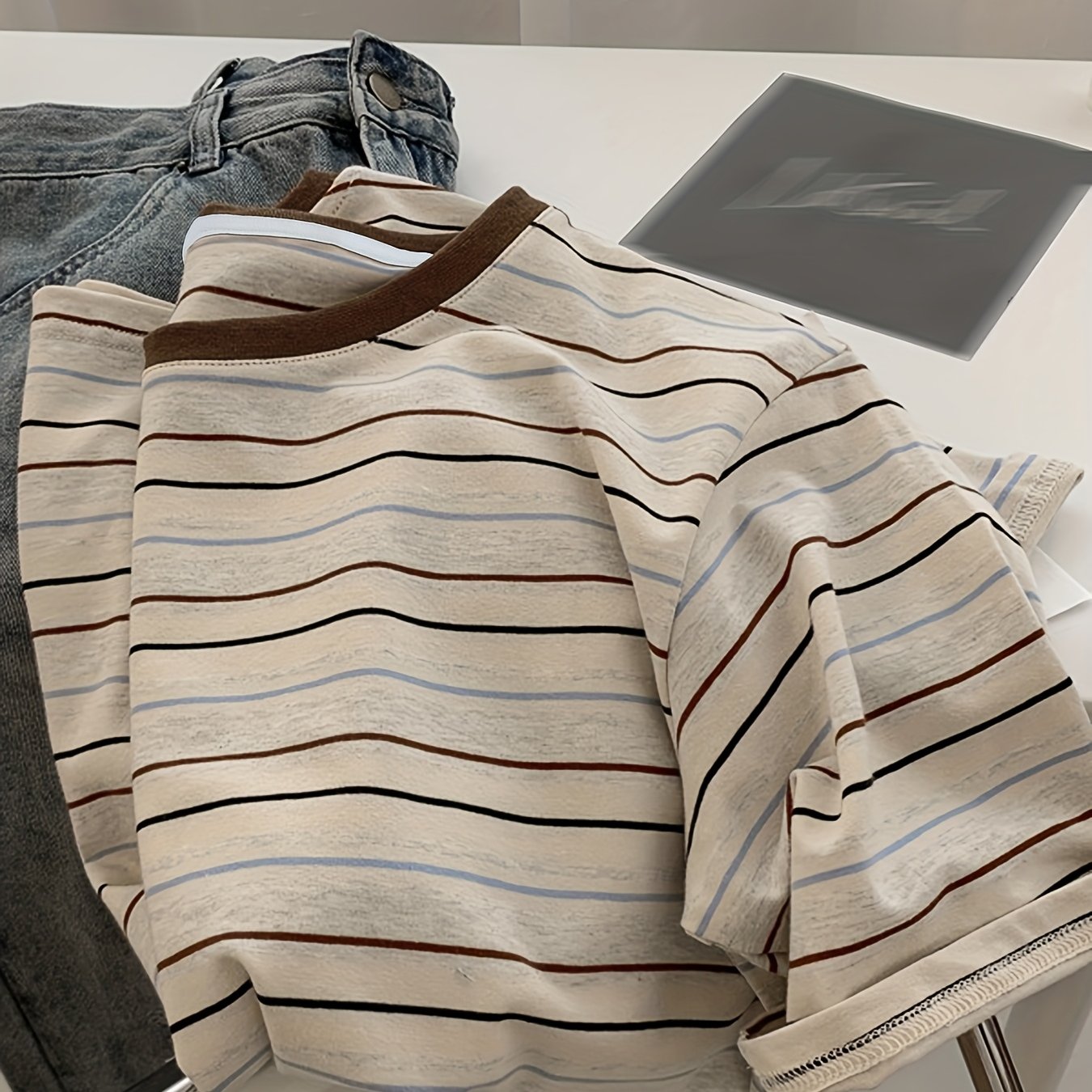 6103 Apricot-striped T-shirt Women's Short Sleeve Summer