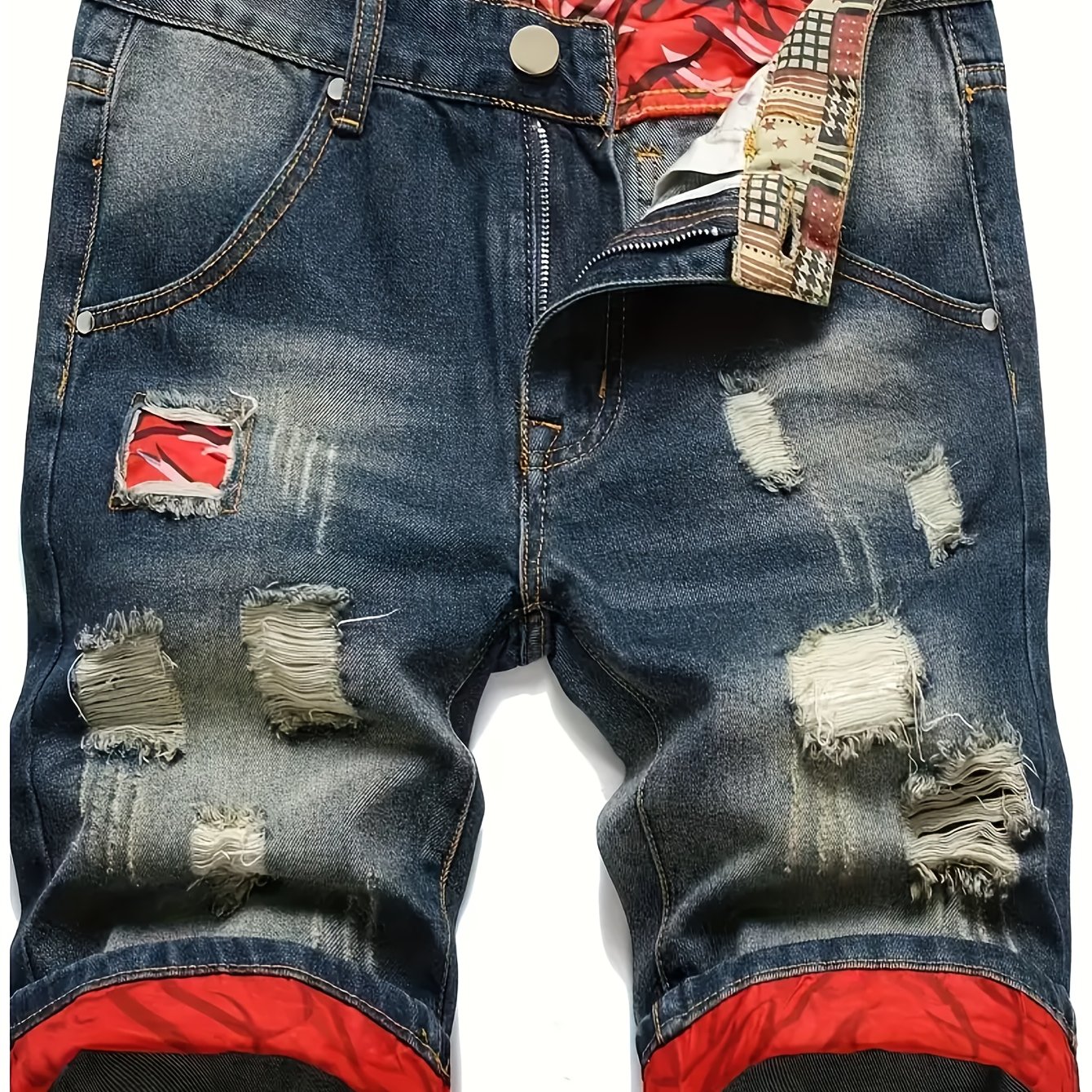 Image of Gengyuan's Features Trendy Men'-style Denim Shorts, With A Summer Vibe, Distressed Details, Embroidered Fabric, Foldable Cuffs, And A Retro Color Scheme In Straight-cut Denim