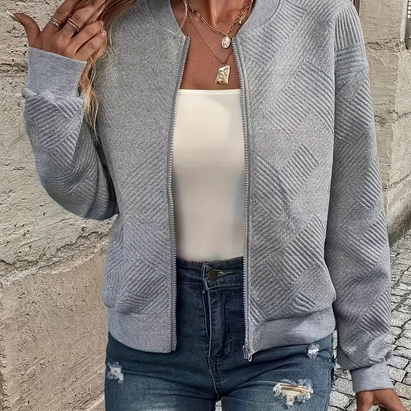 E-shop Lässige, elegante Damenjacke für Herbst/Winter 2025, einfarbig, mit Struktur, Reißverschluss, Langarm, Baseballkragen, Damenjacke