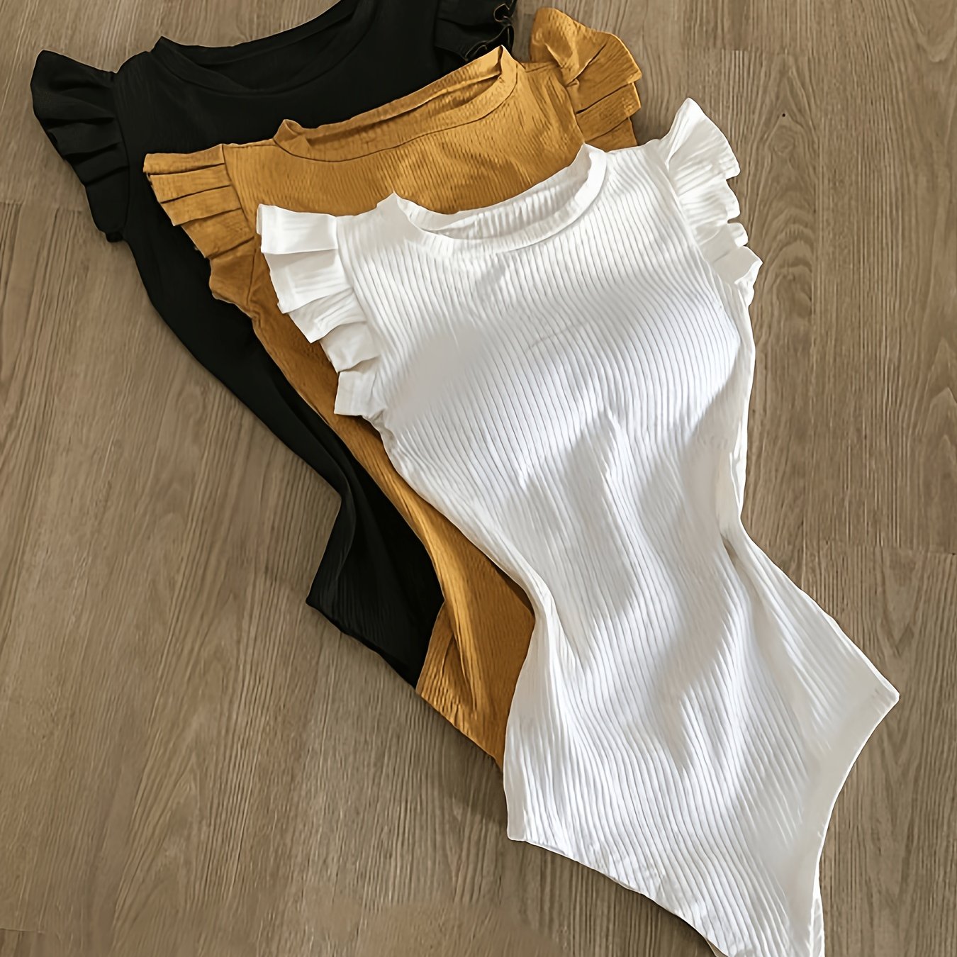 TEMU 3pcs Set Of Solid Color Bodysuit With Round Neck, Pleated Cuffs, Ruffle Trim, Slim Fit, Skinny Bodysuit For Beach Vacation, Commuting, Casual