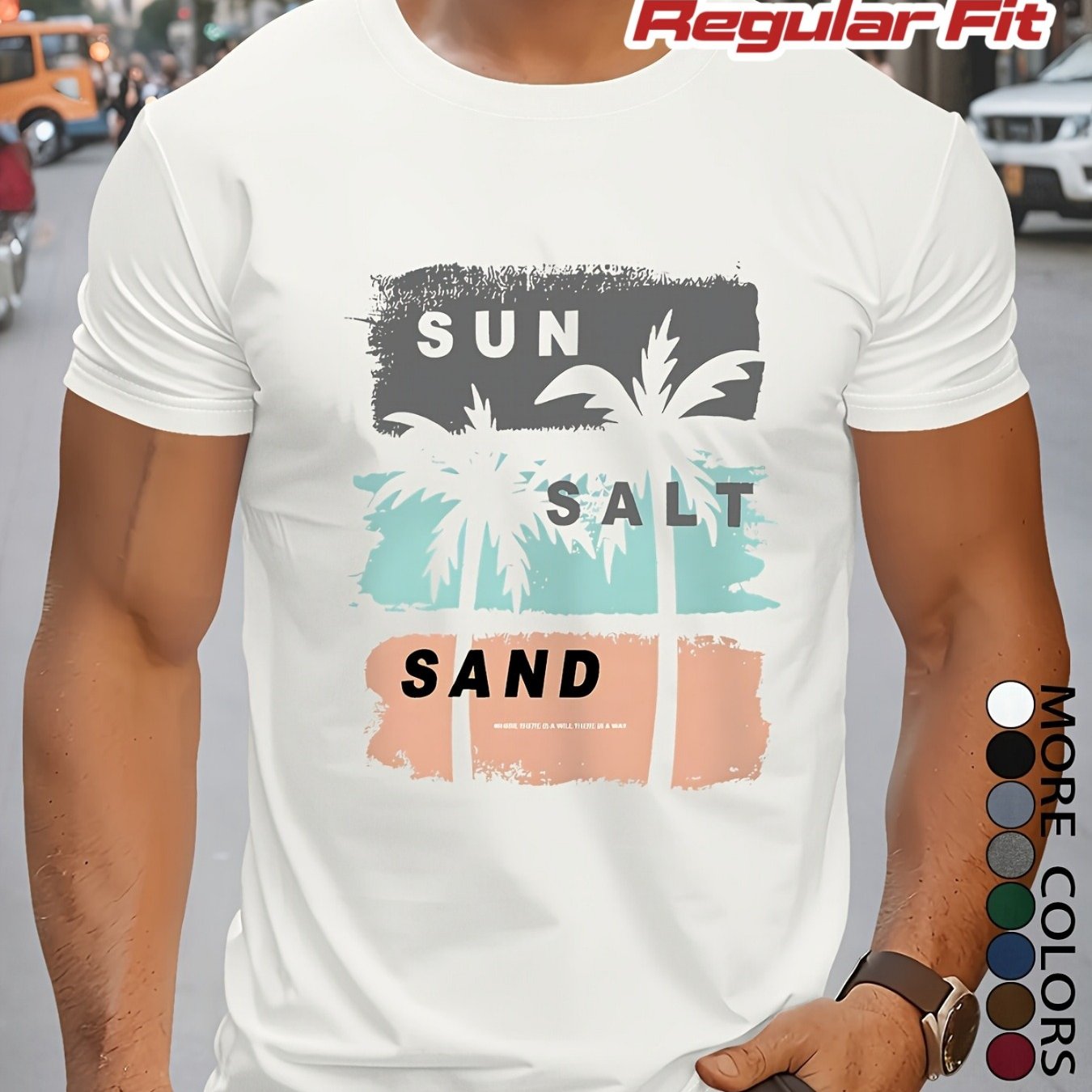 Men's Tropical Geometric Palm Tree Print T-shirt | Breathable, Sweat Absorbent, Regular Fit, Casual Summer Tee For Beach Vacation & Outdoor Activities, Crew Neck, Stretch Fabric