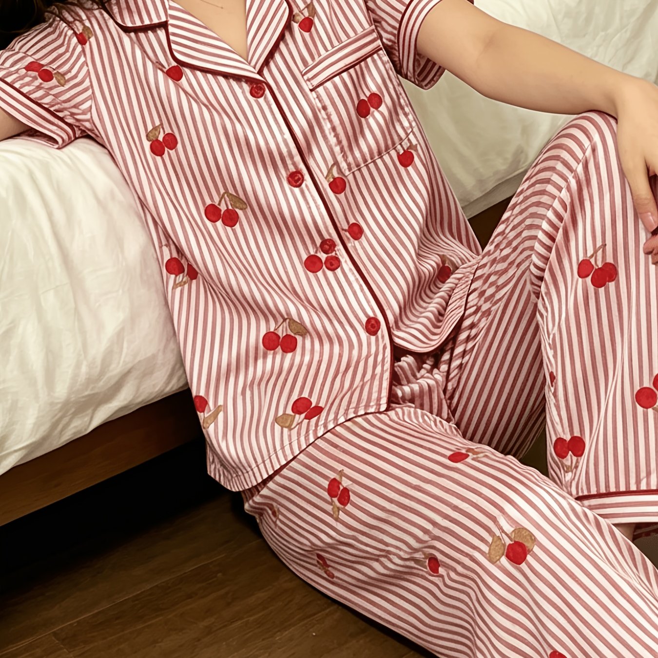TEMU Women's 2pcs Short/long Y Cherry Stripe Print Pajama Set With Pockets, Casual And Comfortable Cherry Stripe Print Short-sleeve Top And Long