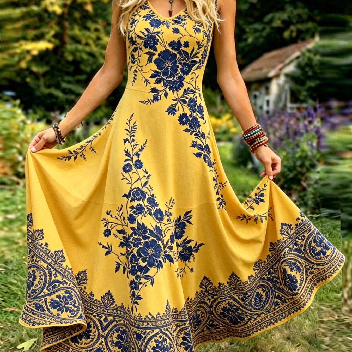 Image of Women's Vintage-style Sleeveless Dress - An Elegant, Casual, Round-neck A-line Maxi Dress. Easy To Care For, Perfect For Daily Wear And Vacation Leisure