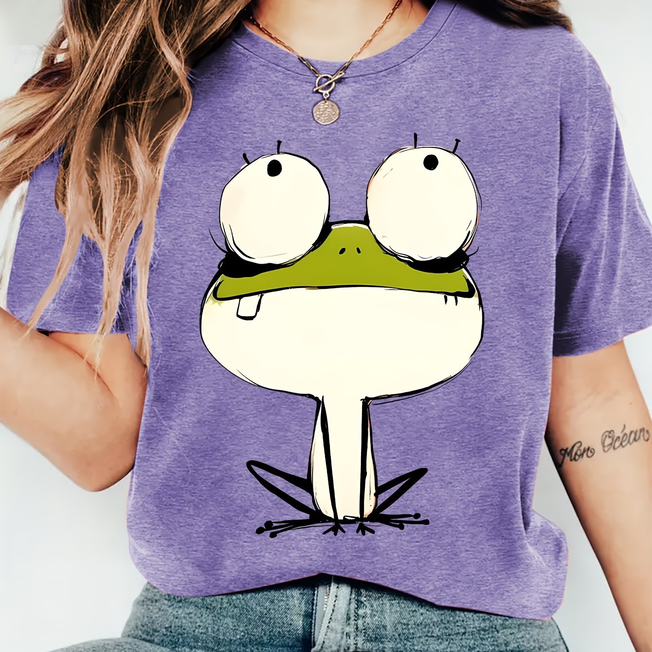 TEMU Spring/summer New Women's Summer Clothing Big- Frog Print Round Neck Short-sleeve T-shirt Comfortable Soft Fashionable Elegant Party Vintage