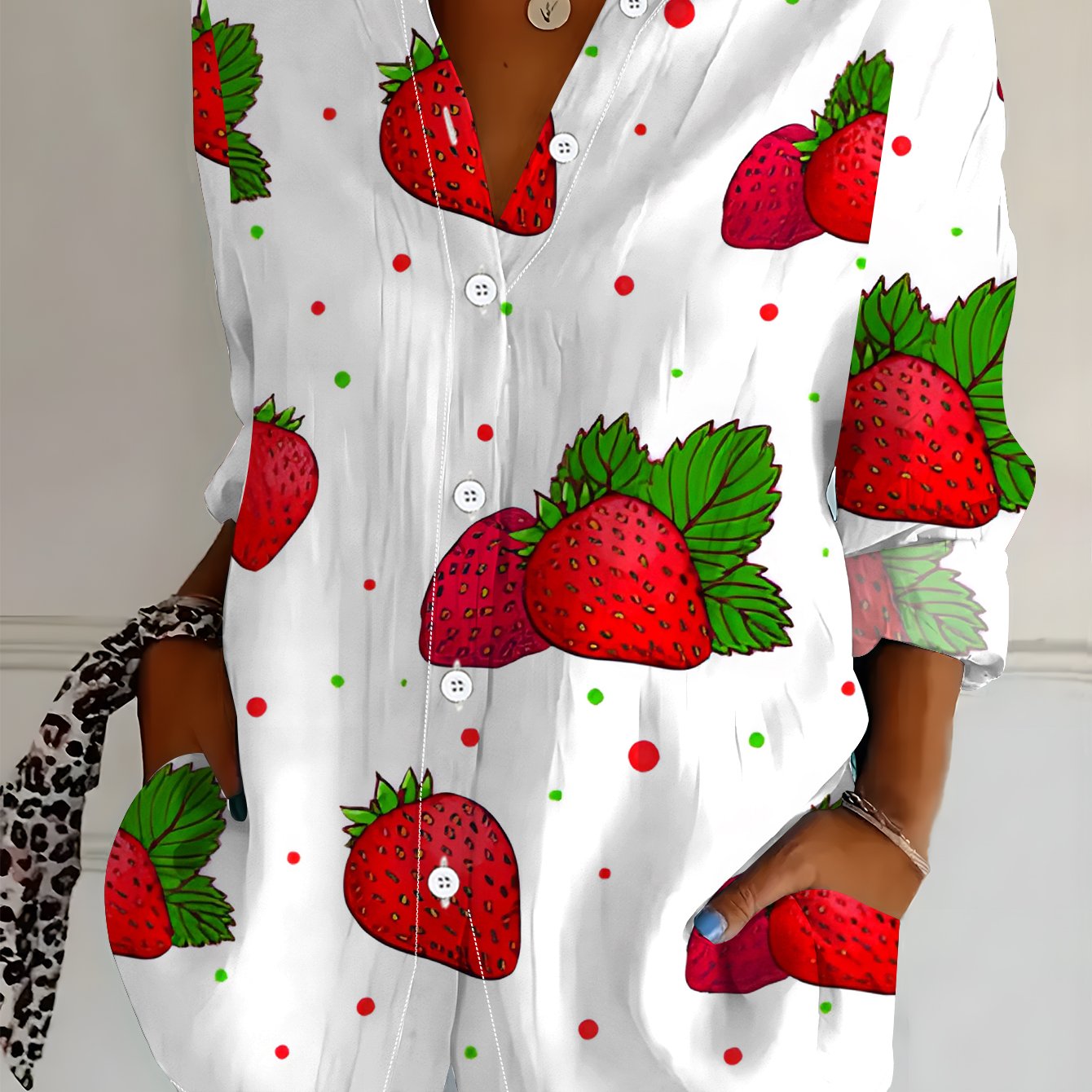 TEMU Plus Size Women's Long Sleeve Shirt Strawberry Print Loose Printed Shirt Red Green -block Mid-length Women's Long Sleeve Collared Shirt Loose
