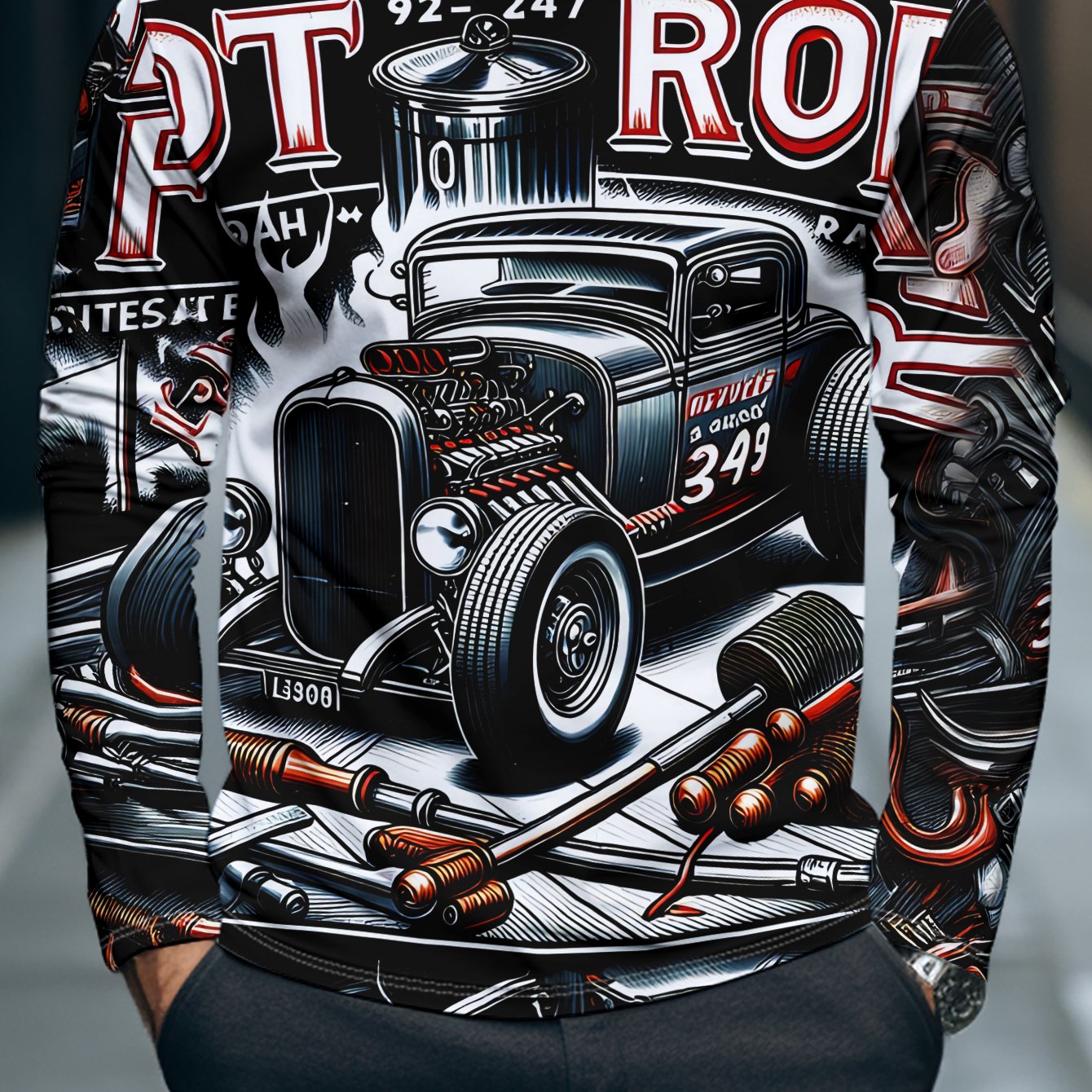 TEMU Men's Vintage Car Poster Print T-shirt - Retro Design, Regular Neck Long Sleeve Casual Top Suitable For Car & Casual Attire, Machine Washable