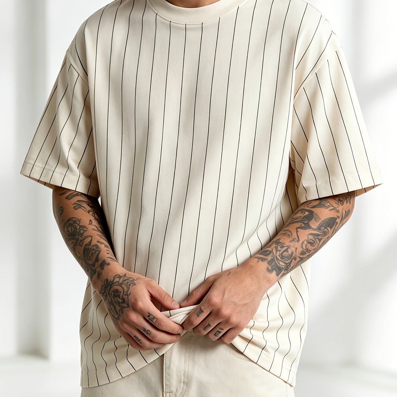 TEMU [print Design Non-texture 2-printing] Classic Pinstripe Print Short Sleeve, Lines Tall , Integrating Minimalist Aesthetics Into Daily Wear,